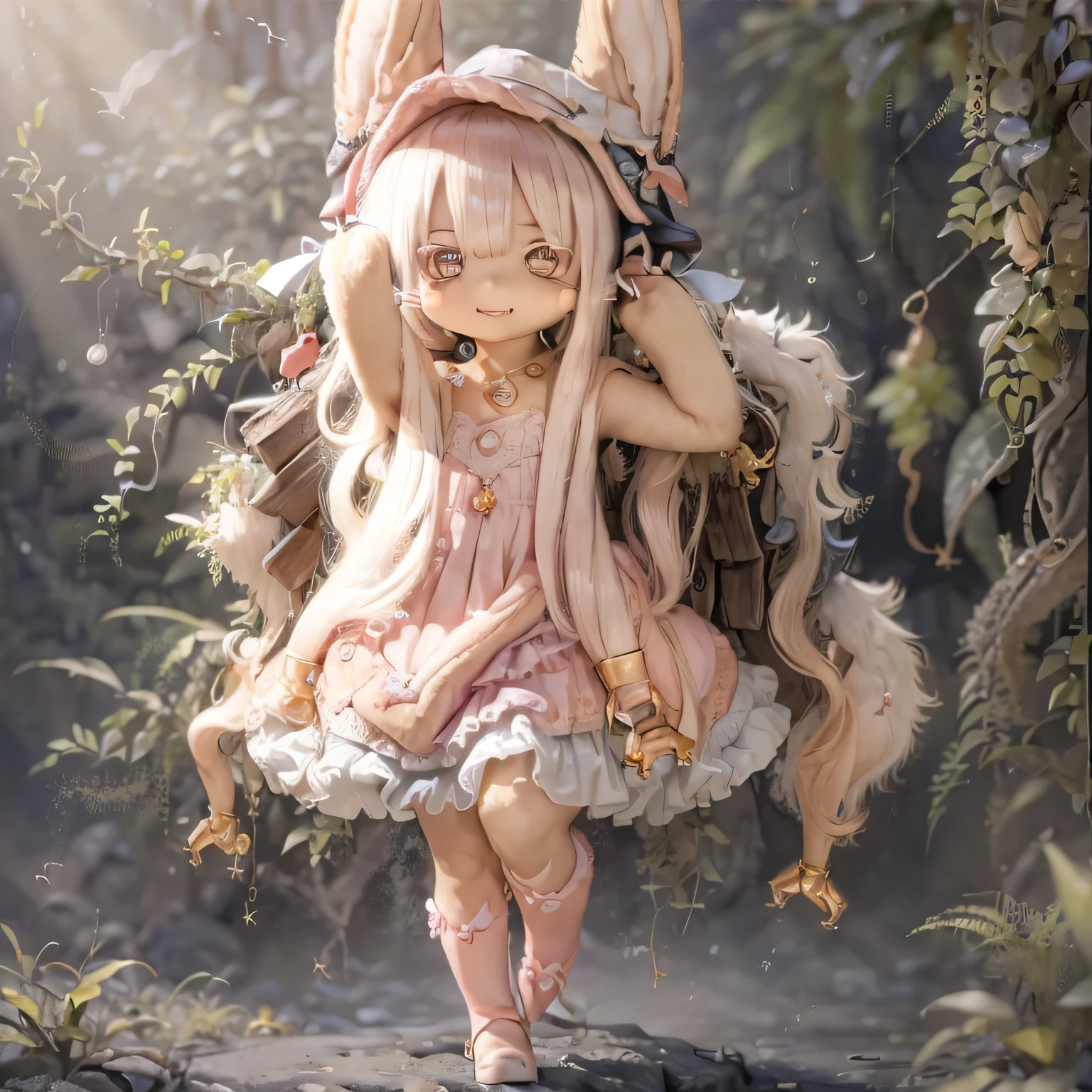in the garden, Smiling Girl, Similar to Nanachi from Made in Abyss. She is beautiful, Beautiful eyes and lips. girl (((Chibi Style,))) . The image quality is of the highest quality, Highly detailed and realistic features. The medium of this work is、Combining illustration and photorealistic rendering.. The colors are vivid、The lighting creates a warm and bright atmosphere。Casual Full Body(((((Cute pink dress)))))Contrasting