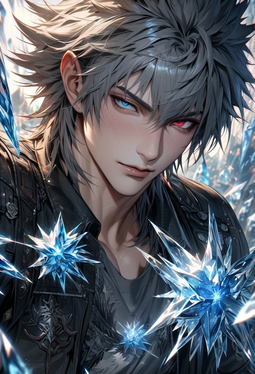 absurdres, highres, ultra detailed, HDR, masterpiece, extremely detailed face and eyes, extremely detailed features, Riku, gray spiky hair, heterochromia, left eye red, right eye blue, final fantasy xv, solo, sexy man, handsome, black jacket, gray shirt, ice butterflies, ice flowers