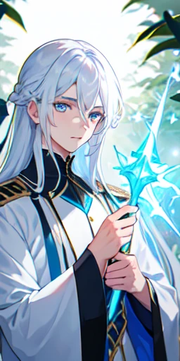 1 boy, handsome boy, white hair, long hair, shiny hair, white skin, elegant clothing, mysterious forest background, shiny, blue eyes, looking at viewer, upper body, high quality, holding staff
