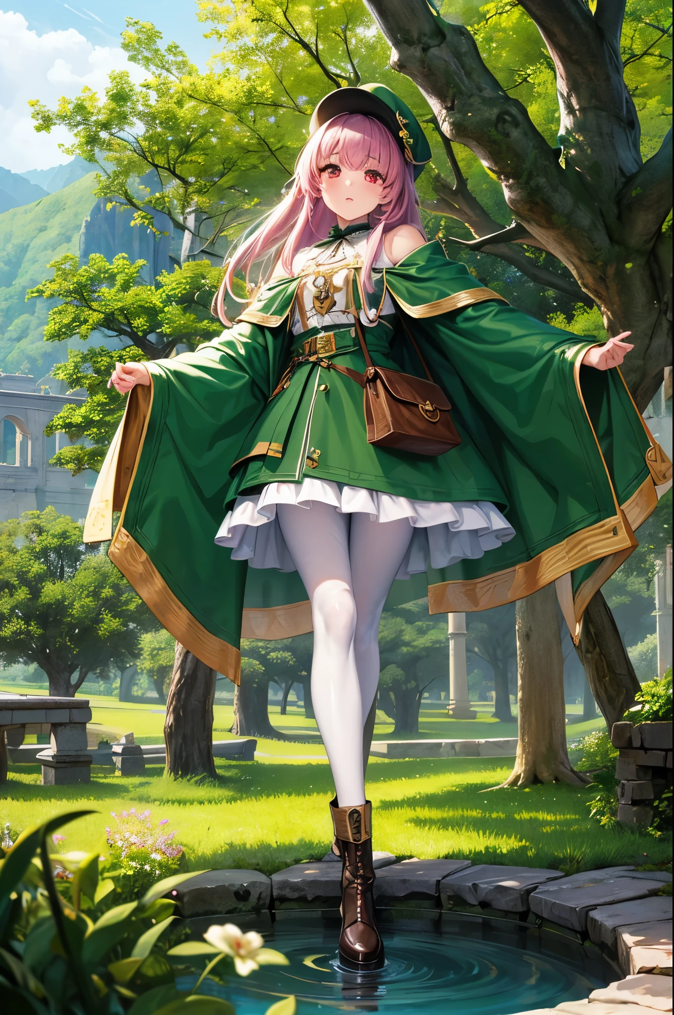highest quality, (masterpiece:1.2), figure, Absurd, (One girl, alone), (Beautiful detailed girl),, Aeolian, Lilac hair, Long Hair, Red eyes, Medium chest,, Happy, Hilarious,, Green hat, Hats with feather ornaments, Green Dress, Green coat, (Fantasy:1.1) (Medieval:1.1) Costume, (black_pantyhose:1.1), White shirt, Brown shorts, Fleece lined boots, Brown boots,, Magical Forest, Flowers, Fairy Rings, ancient ruins, Stone ruins, lake, null, cloud