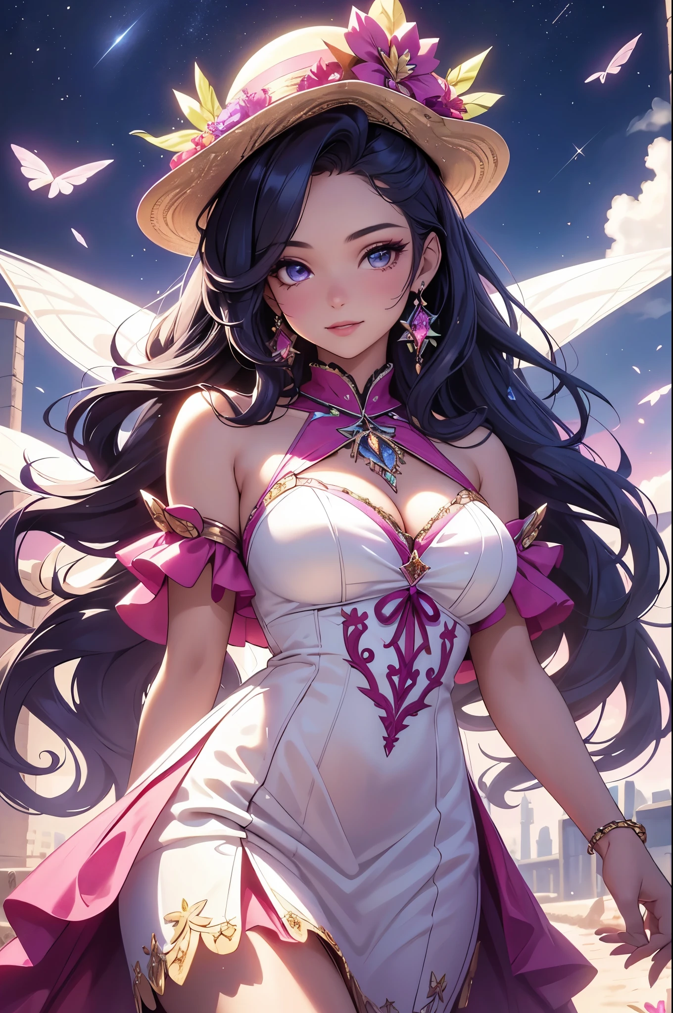 (best quality,4k,8k,highres,masterpiece:1.2),ultra-detailed,(realistic,photorealistic,photo-realistic:1.37),acrylic painting,beautiful Latina model in a ta dress with downy hair,beautiful Latina model with extremely colorful hair and detailed facial features,beautiful Latina model standing in a beautiful garden surrounded by a starry sky,beautiful Latina model wearing a vibrant Loliress,beautiful Latina model with intricate accessories and a matching hat,beautiful Latina model posing gracefully with her hands on her hips,beautiful Latina model with long flowing twintails,beautiful Latina model with bright blue eyes and rosy lips,beautiful Latina model with a joyful expression,beautiful Latina model in a dynamic pose with cherry blossoms falling around her,beautiful Latina model surrounded by colorful flowers and butterflies,beautiful Latina model's dress adorned with cute bows and lace details,beautiful Latina model with an enchanting smile,beautiful Latina model with soft, pastel-colored shading,beautiful Latina model with a magical glow illuminating her,beautiful Latina model in a picturesque setting with a winding path leading to a magnificent castle,beautiful Latina model holding a microphone and singing passionately,beautiful Latina model with a fairytale-like background,beautiful Latina model with a soft, dreamy atmosphere,beautiful Latina model with a subtle bokeh effect,beautiful Latina model standing under a moonlit sky,beautiful Latina model with a warm, golden sunset in the background,beautiful Latina model surrounded by twinkling stars and colorful nebulae,creating an ethereal and captivating artistic masterpiece.