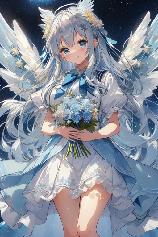 A super beautiful angel in the style of moe anime with sparkling large round blue-green eyes and a soft and gentle aura. Full body. Smiling with open mouth. She carries a large bouquet of flowers that cannot be held in both hands. She wears a fluffy, elaborate, cute sailor uniform with lots of ribbons, lace, and frills in blue tones, decorated with delicate and detailed ornaments. Her hair is a wavy silver and light blue mesh. (She wears translucent light blue glowing angel wings and an angel ring.) (The background is a space city). She is surrounded by glittering, dusty, softly glowing lights. The space city and the school add to the atmosphere of a magical, magical fantasy. ((Line drawings beautifully detailed and of the highest quality)).