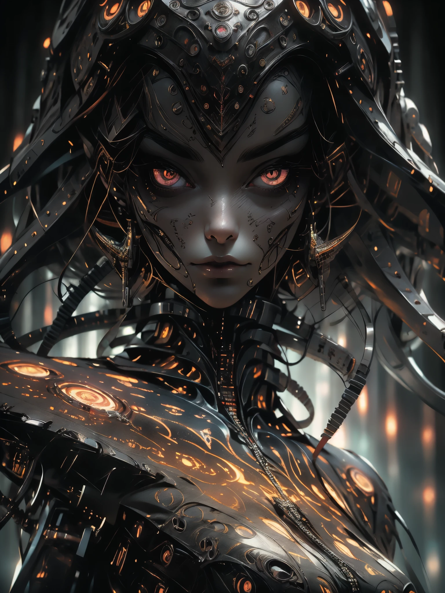Topic prompt: "black, death scythe, hellish horror, view, torn clothes, looking down, illustrations, high resolution, ultra detail, dark fantasy, sharp focus, vibrant colors, dramatic lighting, bokeh." ". female robot pilot, mechanical creature, electronic wires transmit computer nerves, girl's face, dystopian surrealism, Alex Rice Zdzisaw Beksinski Giger, very intricate details, Chinese woman demon, deep glowing eyes contain galaxies, head contains nebula, deep aesthetics, concept art, carved silver circuits, diodes, resistors, semiconductors, ornate.