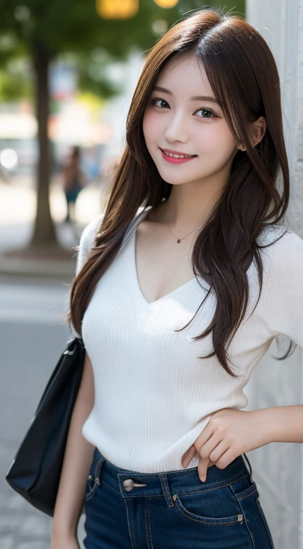 Tabletop, highest quality, figure, Very detailed, In detail, High resolution, 8k wallpaper, Perfect dynamic composition, Beautiful fine details, Revealing clothing,Medium Hair, Center of chest, Natural color lip, Random sexy poses,smile,Aoyama Street Walk、20-year-old girl