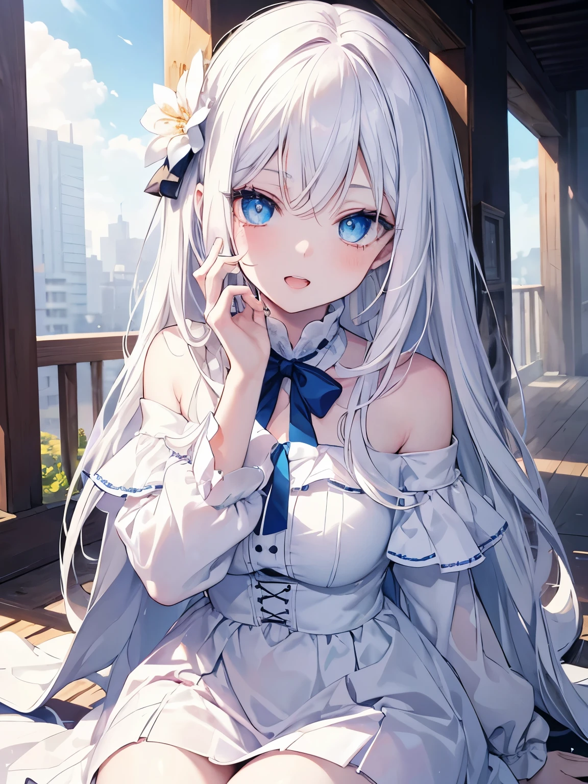 Masutepiece, Highest Quality, (Perfect face:1.1), (high detailing:1.1), (ultradetailed eyes), Dramatic,superfine illustration,Extremely detailed,1girl in,teenager,(pale skin),long white hair,Ethereal eyes,Blue eyes, With eyes highlights,with heart-shaped eyes,Solo,Smile,Happy,Laugh,Enjoy, Open mouth,Pouty lips,Cinematic lighting, Cowboy Shot, sitting on the floor,whitedress, off shoulder,outdoor,bluesky,sunny