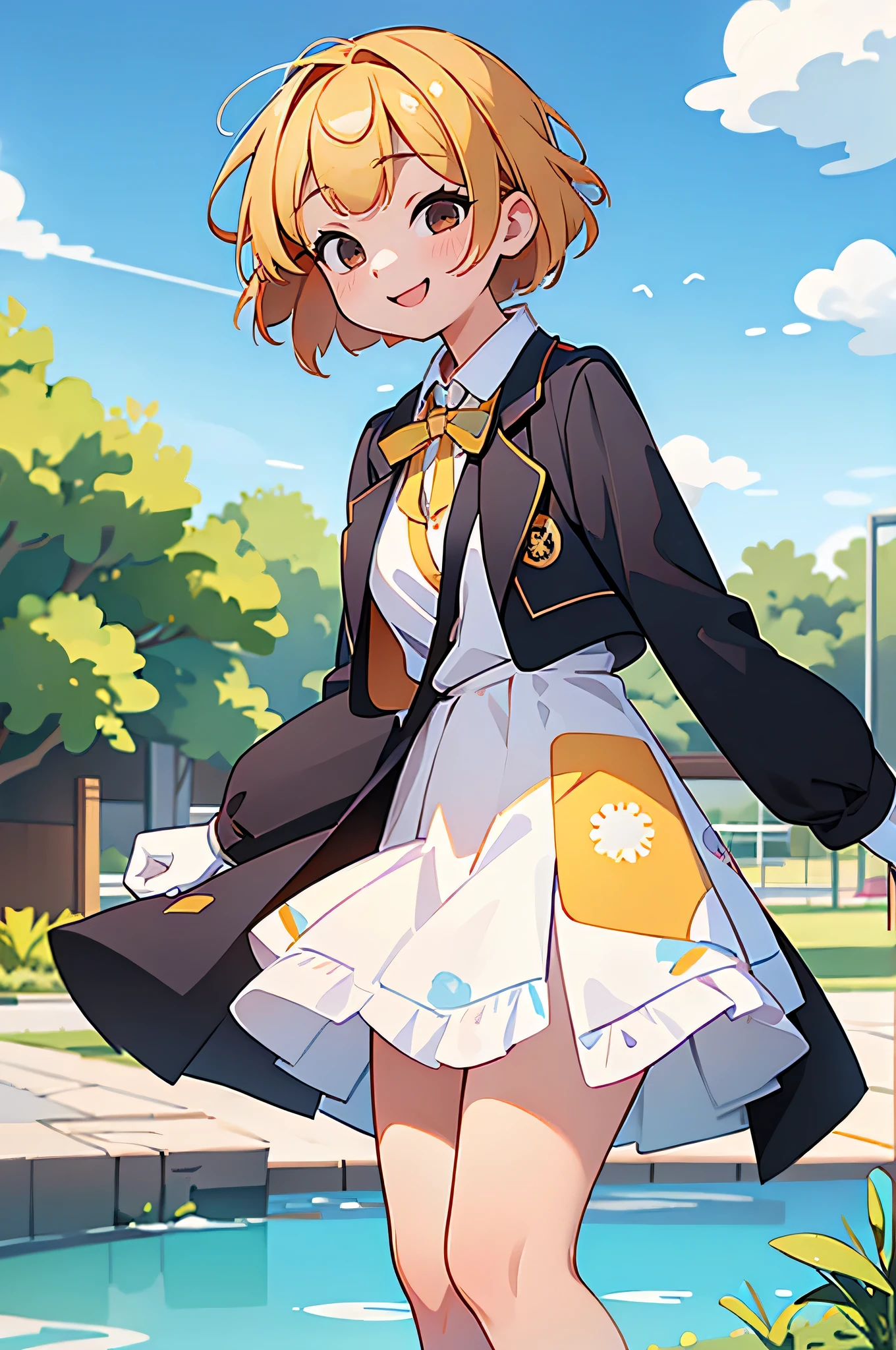 ((masterpiece,highest quality)),One girl,alone, (((Chisato Nishikigi))), short hair, Bright yellow hair, alone, dress, Detail Eye, View your viewers, Long sleeve, Are standing, white dress, gloves,hair ornaments, Black jacket, smile, Floating Hair, Dutch Angle, Mouth closed, avert your eyes, (Center Parks),Cloudy, blue sky, warm color,
