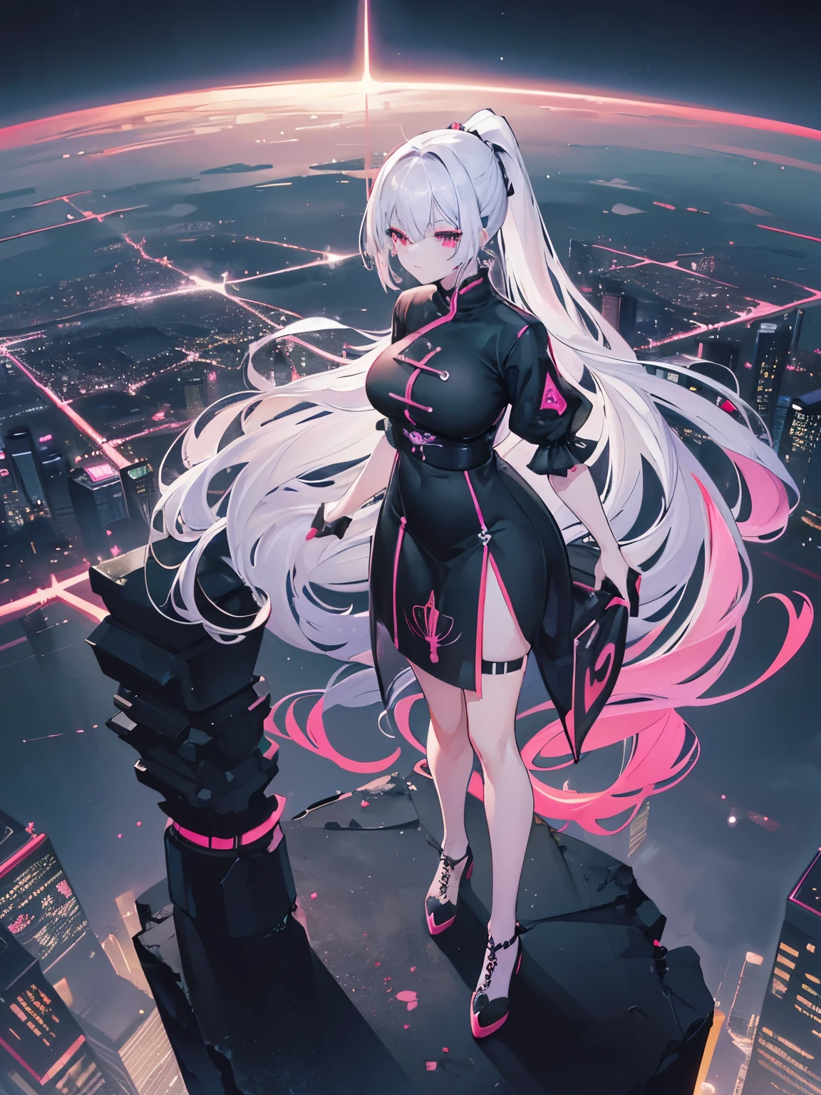 anime, (artwork, best quality, ultra-detailed, high contrast), 1 woman brasilian (Alone, full body, plus size body, standing on the edge of the skyscraper, silver hair, LONG In a ponytail, red eyes, perfect eyes ruby sparkles, (simple black qipao, black cybernetics with neon pink), transparent black socks), (skyscraper roof, overlooking a city, detailed background ((night time, Darkness, low light pollution)))