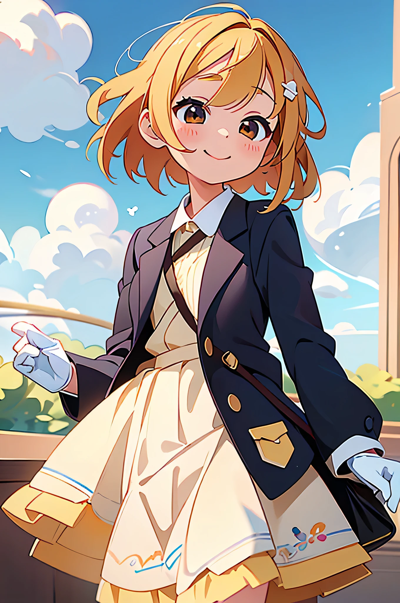 ((masterpiece,highest quality)),One girl,alone, (((Chisato Nishikigi))), short hair, Bright yellow hair, alone, dress, Detail Eye, View your viewers, Long sleeve, Are standing, white dress, gloves,hair ornaments, Black jacket, smile, Floating Hair, Dutch Angle, Mouth closed, avert your eyes, (Center Parks),Cloudy, blue sky, warm color,