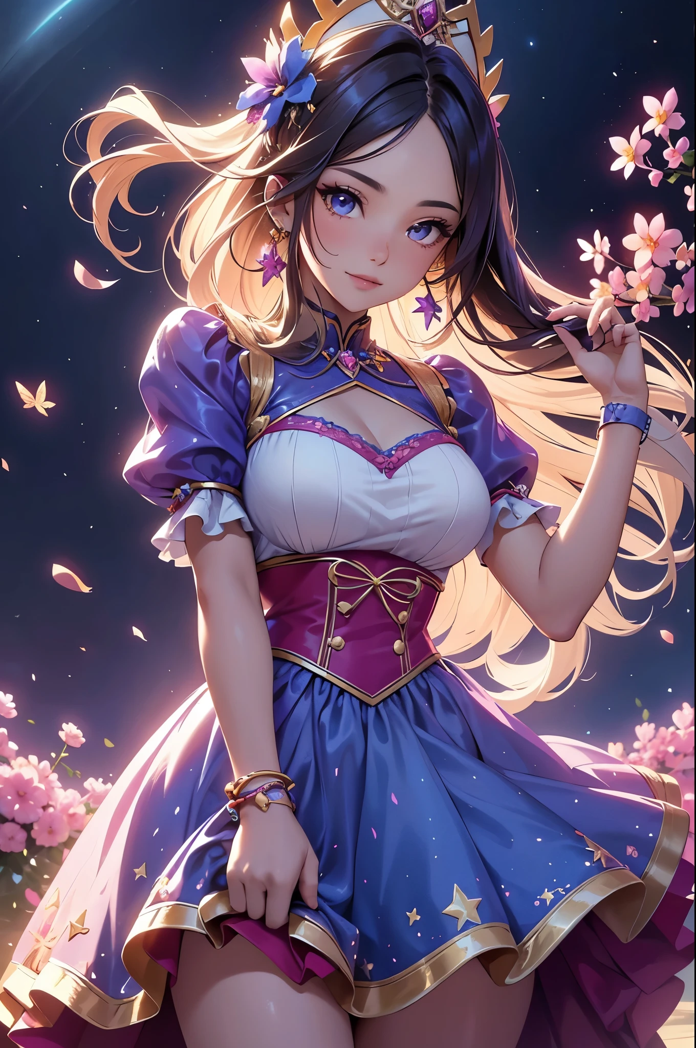 (best quality,4k,8k,highres,masterpiece:1.2),ultra-detailed,(realistic,photorealistic,photo-realistic:1.37),acrylic painting,beautiful Latina model in a Lolita dress with downy hair,beautiful Latina model with extremely colorful hair and detailed facial features,beautiful Latina model standing in a beautiful garden surrounded by a starry sky,beautiful Latina model wearing a vibrant Lolita dress,beautiful Latina model with intricate accessories and a matching hat,beautiful Latina model posing gracefully with her hands on her hips,beautiful Latina model with long flowing twintails,beautiful Latina model with bright blue eyes and rosy lips,beautiful Latina model with a joyful expression,beautiful Latina model in a dynamic pose with cherry blossoms falling around her,beautiful Latina model surrounded by colorful flowers and butterflies,beautiful Latina model's dress adorned with cute bows and lace details,beautiful Latina model with an enchanting smile,beautiful Latina model with soft, pastel-colored shading,beautiful Latina model with a magical glow illuminating her,beautiful Latina model in a picturesque setting with a winding path leading to a magnificent castle,beautiful Latina model holding a microphone and singing passionately,beautiful Latina model with a fairytale-like background,beautiful Latina model with a soft, dreamy atmosphere,beautiful Latina model with a subtle bokeh effect,beautiful Latina model standing under a moonlit sky,beautiful Latina model with a warm, golden sunset in the background,beautiful Latina model surrounded by twinkling stars and colorful nebulae,creating an ethereal and captivating artistic masterpiece. 