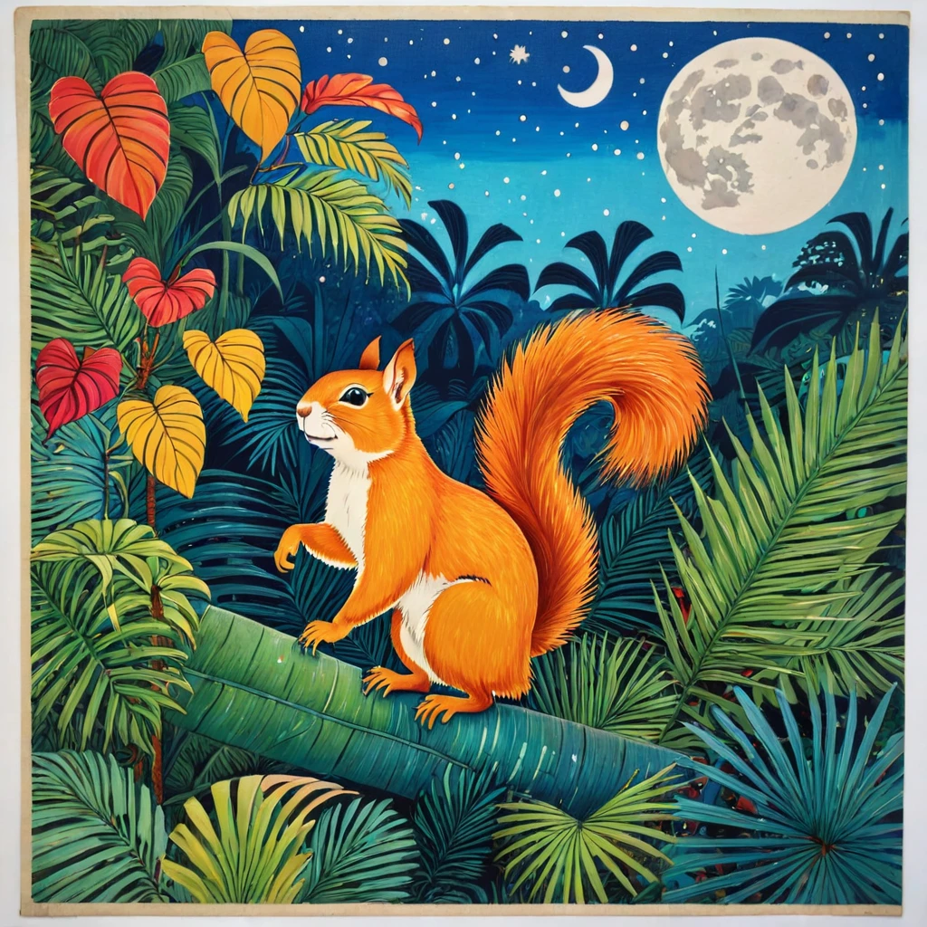 Naive art painting inspired by Halyna Kulaga and Laurel Burch of a beautiful squirrel girl in the jungle, tropical foliage, a colorful moon, bold strokes, textural.

