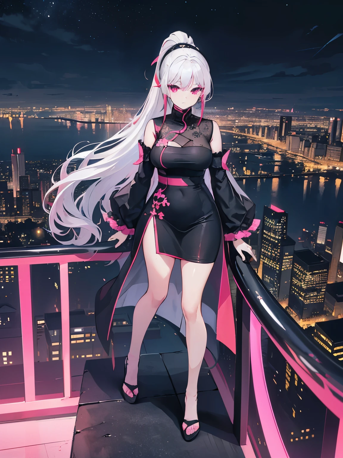 anime, (artwork, best quality, ultra-detailed, high contrast), 1 woman brasilian (Alone, full body, plus size body, standing on the edge of the skyscraper, silver hair, LONG In a ponytail, red eyes, perfect eyes ruby sparkles, (simple black qipao, black cybernetics with neon pink), transparent black socks), (skyscraper roof, overlooking a city, detailed background ((night time, Darkness, low light pollution)))
