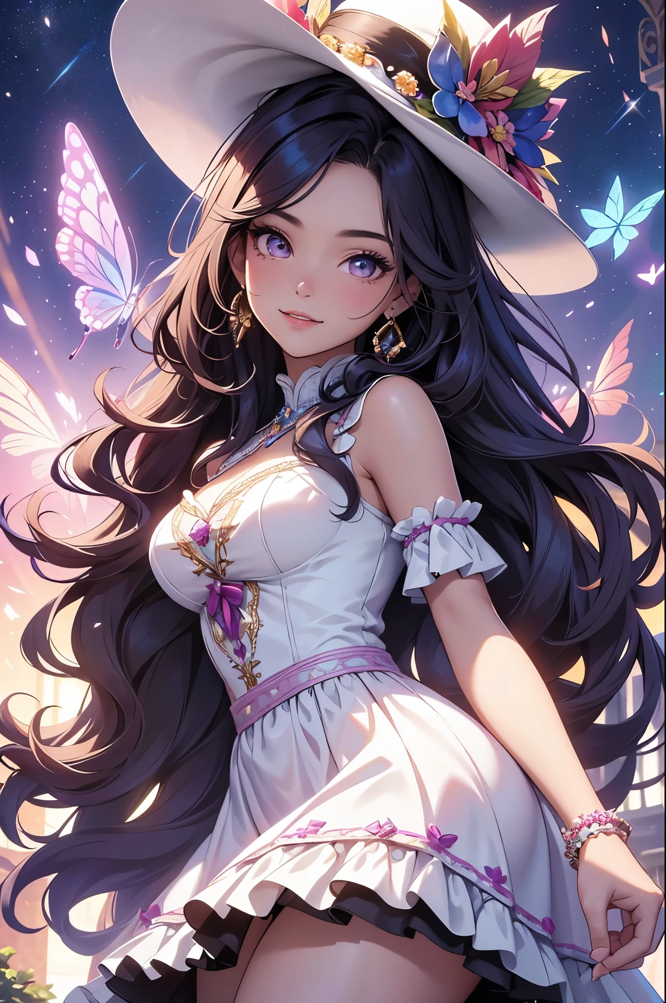 (best quality,4k,8k,highres,masterpiece:1.2),ultra-detailed,(realistic,photorealistic,photo-realistic:1.37),acrylic painting,beautiful Brazilian model in a Lolita dress with downy hair,beautiful Brazilian model with extremely colorful hair and detailed facial features,beautiful Brazilian model standing in a beautiful garden surrounded by a starry sky,beautiful Brazilian model wearing a vibrant Lolita dress,beautiful Brazilian model with intricate accessories and a matching hat,beautiful Brazilian model posing gracefully with her hands on her hips,beautiful Brazilian model with long flowing twintails,beautiful Brazilian model with bright blue eyes and rosy lips,beautiful Brazilian model with a joyful expression,beautiful Brazilian model in a dynamic pose with cherry blossoms falling around her,beautiful Brazilian model surrounded by colorful flowers and butterflies,beautiful Brazilian model's dress adorned with cute bows and lace details,beautiful Brazilian model with an enchanting smile,beautiful Brazilian model with soft, pastel-colored shading,beautiful Brazilian model with a magical glow illuminating her,beautiful Brazilian model in a picturesque setting with a winding path leading to a magnificent castle,beautiful Brazilian model holding a microphone and singing passionately,beautiful Brazilian model with a fairytale-like background,beautiful Brazilian model with a soft, dreamy atmosphere,beautiful Brazilian model with a subtle bokeh effect,beautiful Brazilian model standing under a moonlit sky,beautiful Brazilian model with a warm, golden sunset in the background,beautiful Brazilian model surrounded by twinkling stars and colorful nebulae,creating an ethereal and captivating artistic masterpiece.