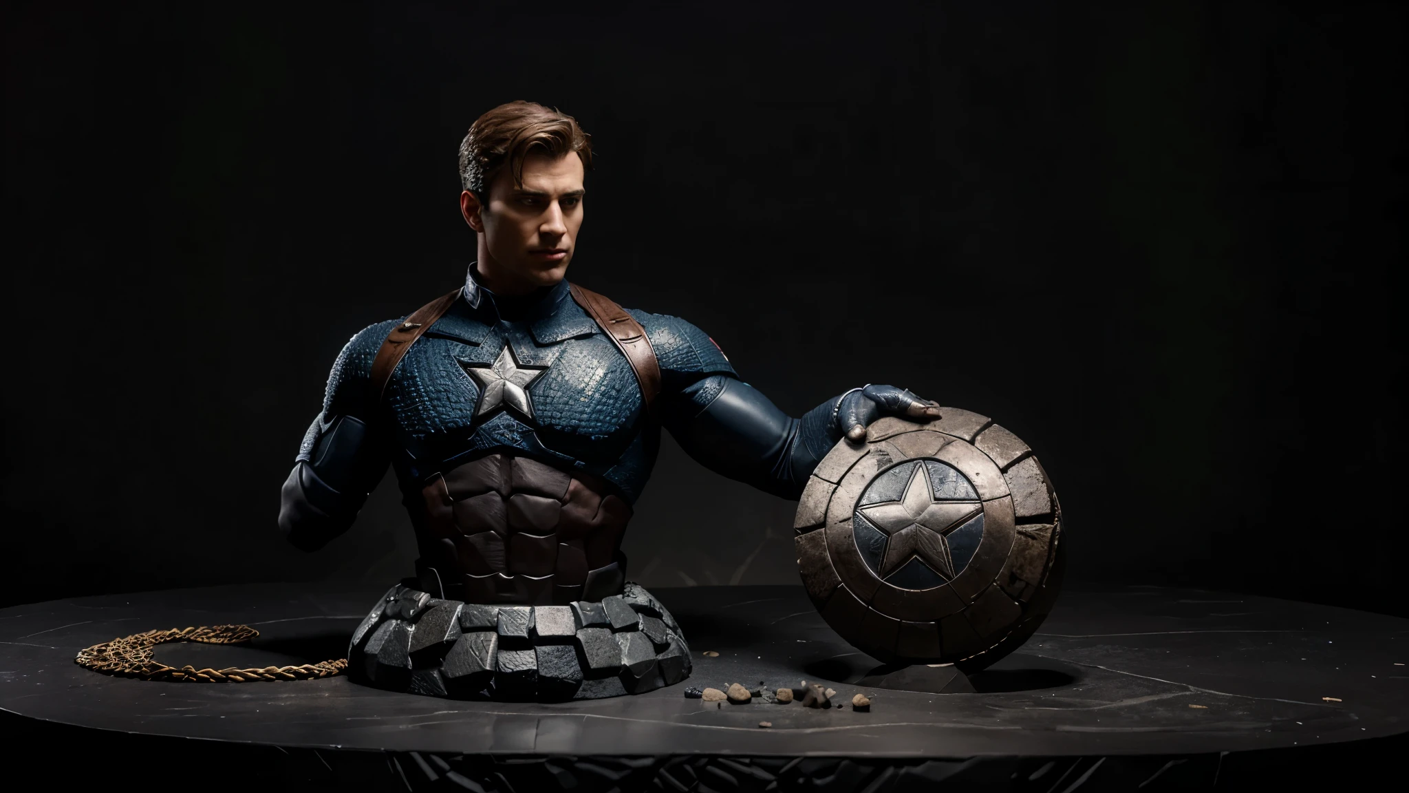  Captain America  sculpture  made of rocks, meticulously reproduced carving a gigantic and vibrant rundum of black carbohydrates.  Captain America  intricate details, and every part of his body entirely crafted with carborundum and rocks, are clearly visible, with the rocks on a reminiscent of the base of the masterpiece. The black background. from Marvel, he adds, adding a touch of authenticity to this extraordinary creation., black background.
