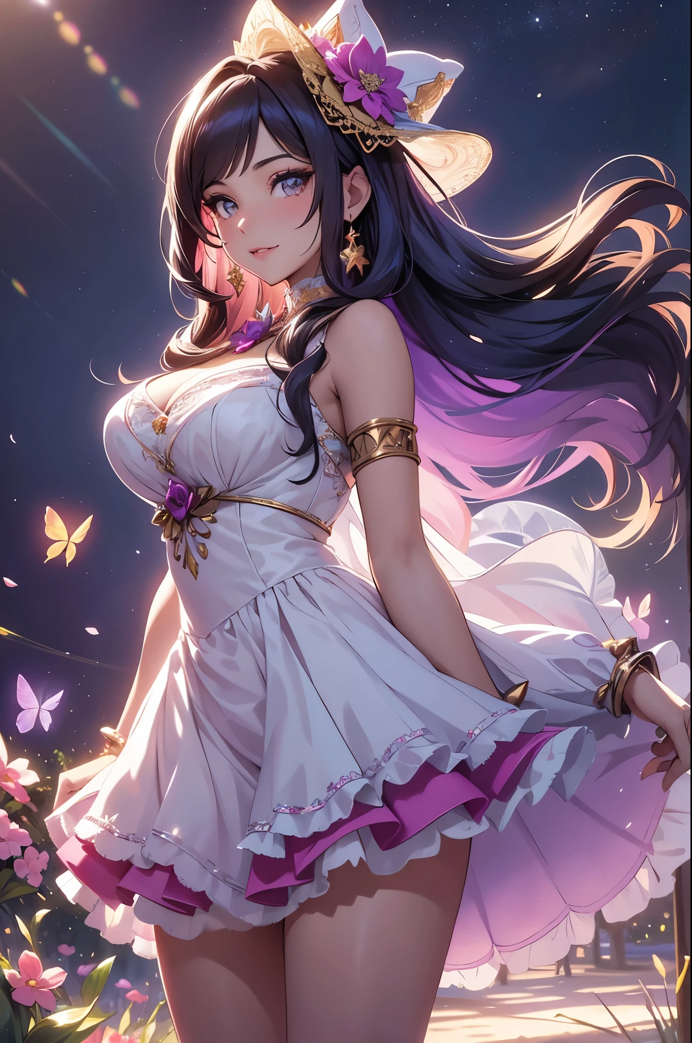 (best quality,4k,8k,highres,masterpiece:1.2),ultra-detailed,(realistic,photorealistic,photo-realistic:1.37),acrylic painting,beautiful Latina model in a Lolita dress with downy hair,beautiful Latina model with extremely colorful hair and detailed facial features,beautiful Latina model standing in a beautiful garden surrounded by a starry sky,beautiful Latina model wearing a vibrant Lolita dress,beautiful Latina model with intricate accessories and a matching hat,beautiful Latina model posing gracefully with her hands on her hips,beautiful Latina model with long flowing twintails,beautiful Latina model with bright blue eyes and rosy lips,beautiful Latina model with a joyful expression,beautiful Latina model in a dynamic pose with cherry blossoms falling around her,beautiful Latina model surrounded by colorful flowers and butterflies,beautiful Latina model's dress adorned with cute bows and lace details,beautiful Latina model with an enchanting smile,beautiful Latina model with soft, pastel-colored shading,beautiful Latina model with a magical glow illuminating her,beautiful Latina model in a picturesque setting with a winding path leading to a magnificent castle,beautiful Latina model holding a microphone and singing passionately,beautiful Latina model with a fairytale-like background,beautiful Latina model with a soft, dreamy atmosphere,beautiful Latina model with a subtle bokeh effect,beautiful Latina model standing under a moonlit sky,beautiful Latina model with a warm, golden sunset in the background,beautiful Latina model surrounded by twinkling stars and colorful nebulae,creating an ethereal and captivating artistic masterpiece. 