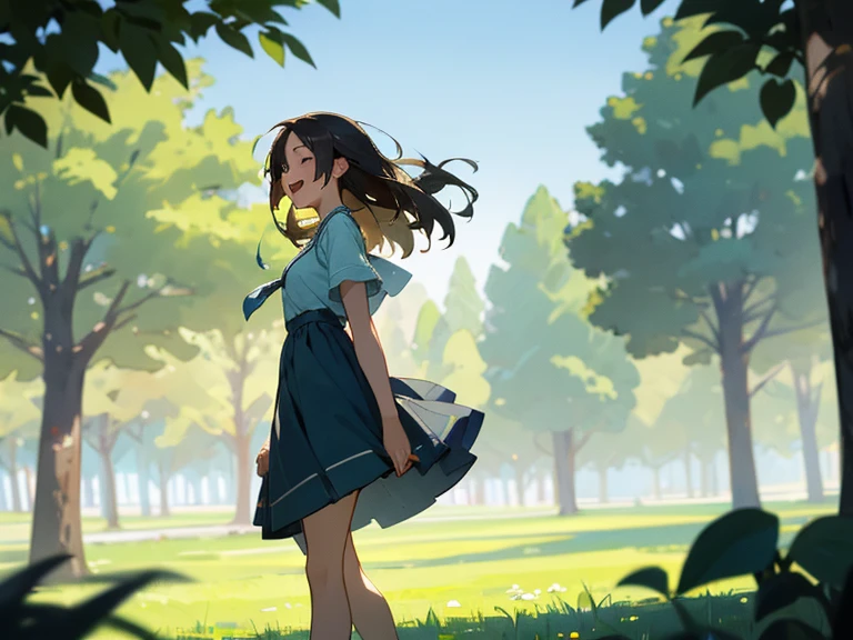 Beautiful and happy girl in 2D, listening to music in a grass and trees and the background that is blurred and that it is daytime with sun and relaxed atmosphere