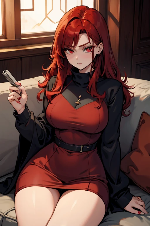 A red haired woman with red eyes with an hour glass figure in a sweatshirt dress is holding a couple of movies on the couch