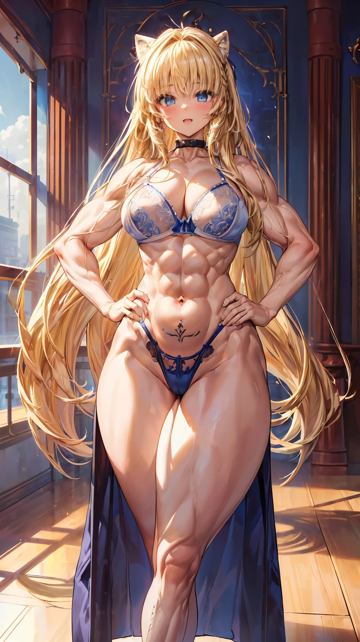 Very detailed、highest quality、Best image quality、masterpiece、8k、Anime Face、A kind smile、(Open your mouth:1.3)、Sparkling blue eyes、(Blonde semi-long hair:1.5)、(Muscles of the whole body:1.3)、(highleg:2.0)、Thigh belt、(Cowboy Shot:1.5)、(SFW Giant)、(Thick body:1.2)、(bra:1.5)、(sxspnts)、(Hands on hips:1.1)