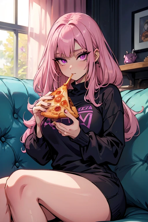 A pink haired woman with violet eyes with an hour glass figure in a sweatshirt dress is eating pizza on a couch