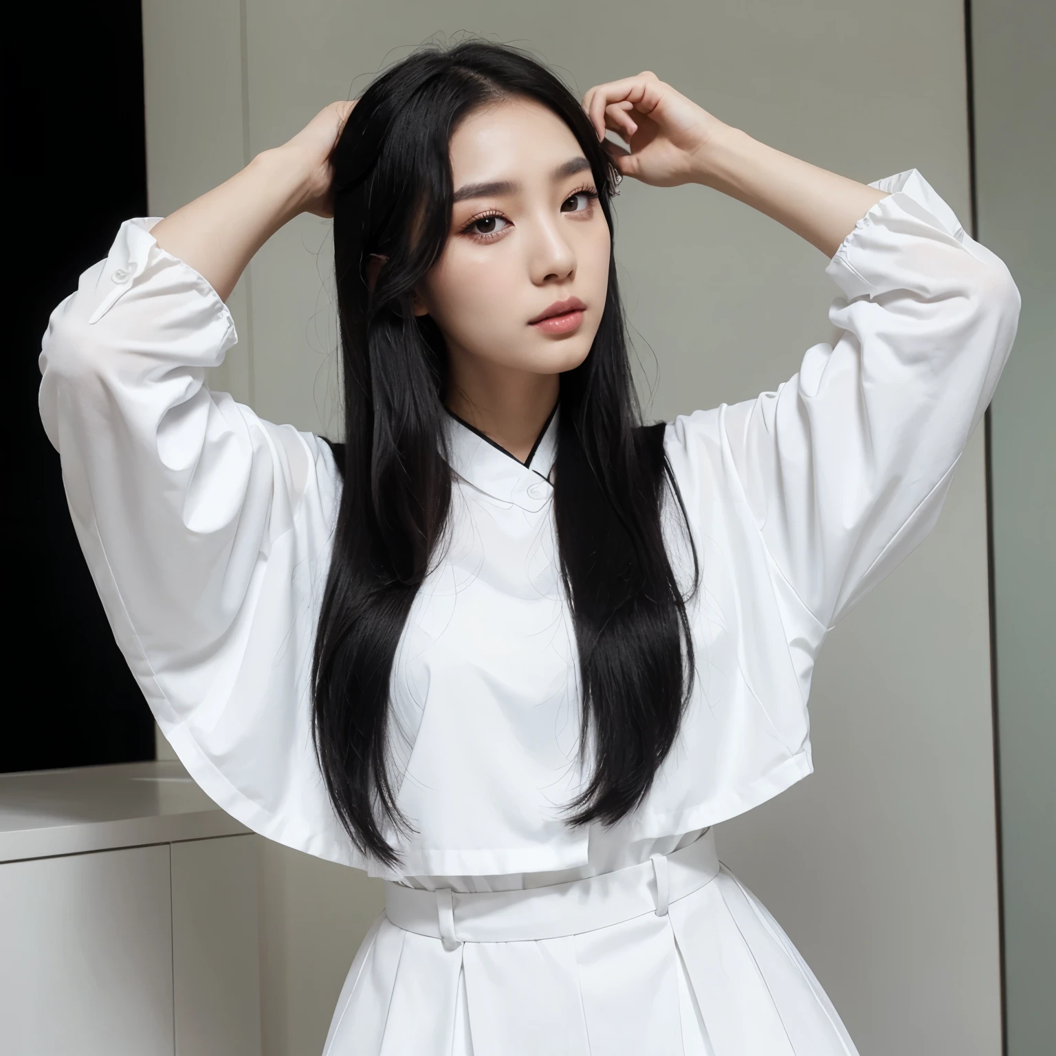 Korean star face,White flowing hair,White-colored skin,Melon seed face