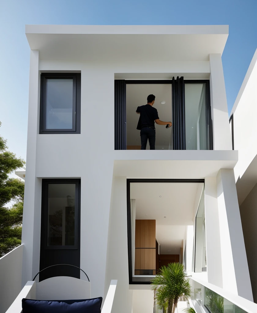 there is a tall building with a balcony and a car parked in front of it, arhitectural shot, frontview, complete house, overall architectural design, architectural shot, exterior view, front-view, one house, outside view, house, view from below, contemporary house, mid-view, concept house, looking from slightly below, architectural finishes