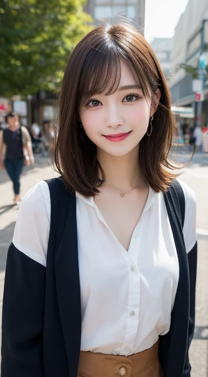 Tabletop, highest quality, figure, Very detailed, In detail, High resolution, 8k wallpaper, Perfect dynamic composition, Beautiful fine details, Revealing clothing,Medium Hair, Center of chest, Natural color lip, Random sexy poses,smile,Aoyama Street Walk、20-year-old girl