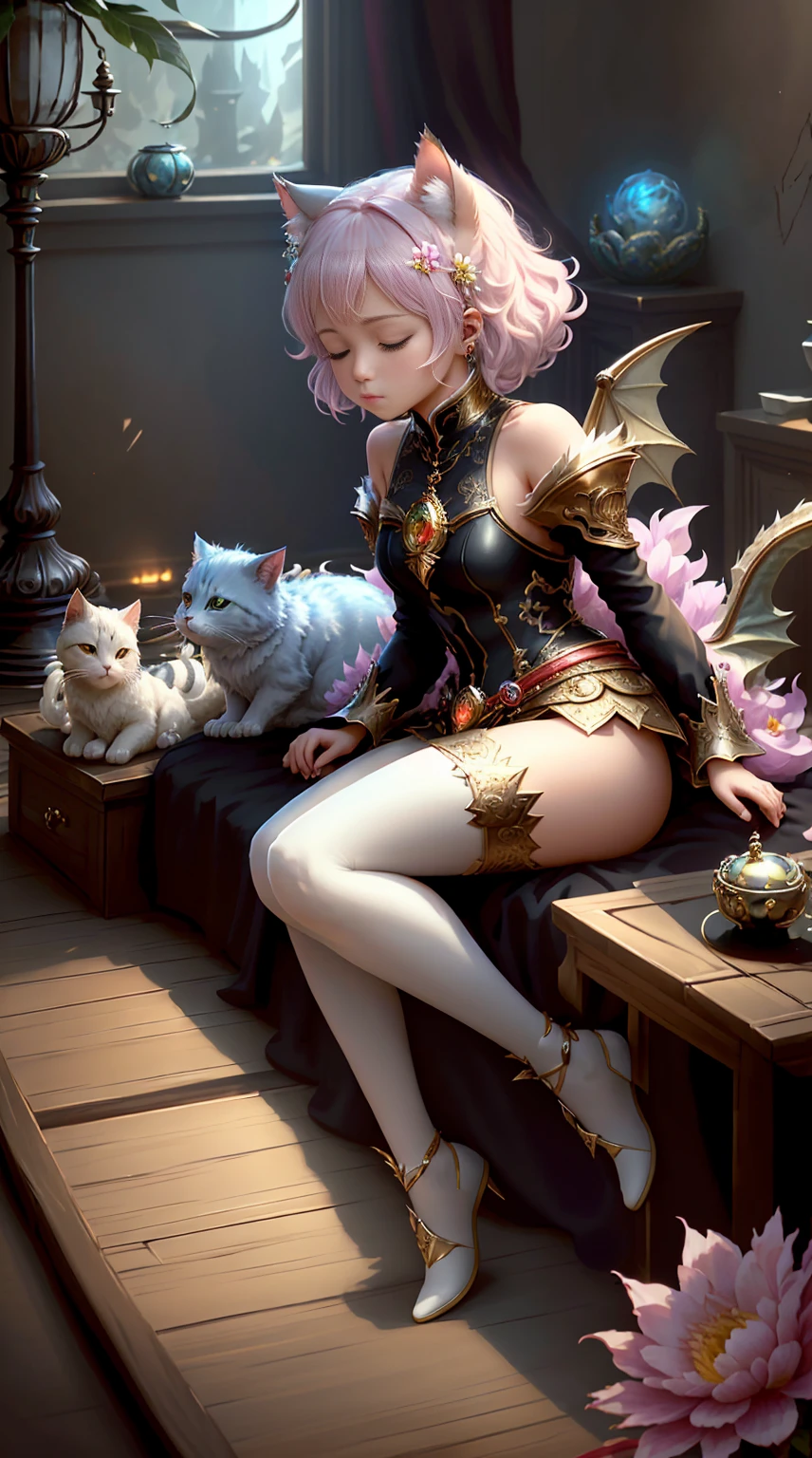 Faris Style, alone, hair ornaments, close your eyes, flower, wing, horn, Cat, white Cat, Dragon-Cat, hair flower, No humans, gem, Dragon, scale, eastern Dragon, Movie angle, Cinema Lighting, Shorthand, Depth of written boundary, Detailed Background, masterpiece, highest quality , Official Art ,