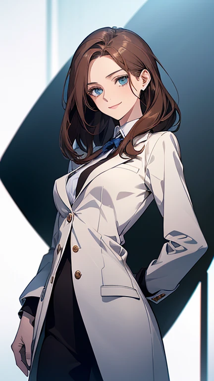 (highest quality,High resolution,Very detailed),1 girl, Beautiful and elegant light blue eyes, Brown Hair, Cold Smile,Medium Hair, Wearing a suit,secretary, Mature Woman, Age 25,Cruel smile, Calm and Calm, Slim figure,Small breasts, Pale complexion, thin, Calm, At the Laboratory,You are operating a tablet