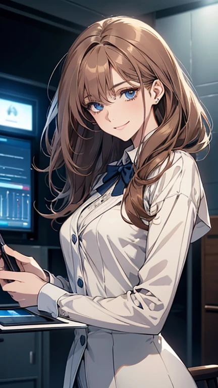 (highest quality,High resolution,Very detailed),1 girl, Beautiful and elegant light blue eyes, Brown Hair, Cold Smile,Medium Hair, Wearing a suit,secretary, Mature Woman, Age 25,Cruel smile, Calm and Calm, Slim figure,Small breasts, Pale complexion, thin, Calm, At the Laboratory,You are operating a tablet