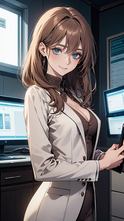 (highest quality,High resolution,Very detailed),1 girl, Beautiful and elegant light blue eyes, Brown Hair, Cold Smile,Medium Hair, Wearing a suit,secretary, Mature Woman, Age 25,Cruel smile, Calm and Calm, Slim figure,Small breasts, Pale complexion, thin, Calm, At the Laboratory,You are operating a tablet

