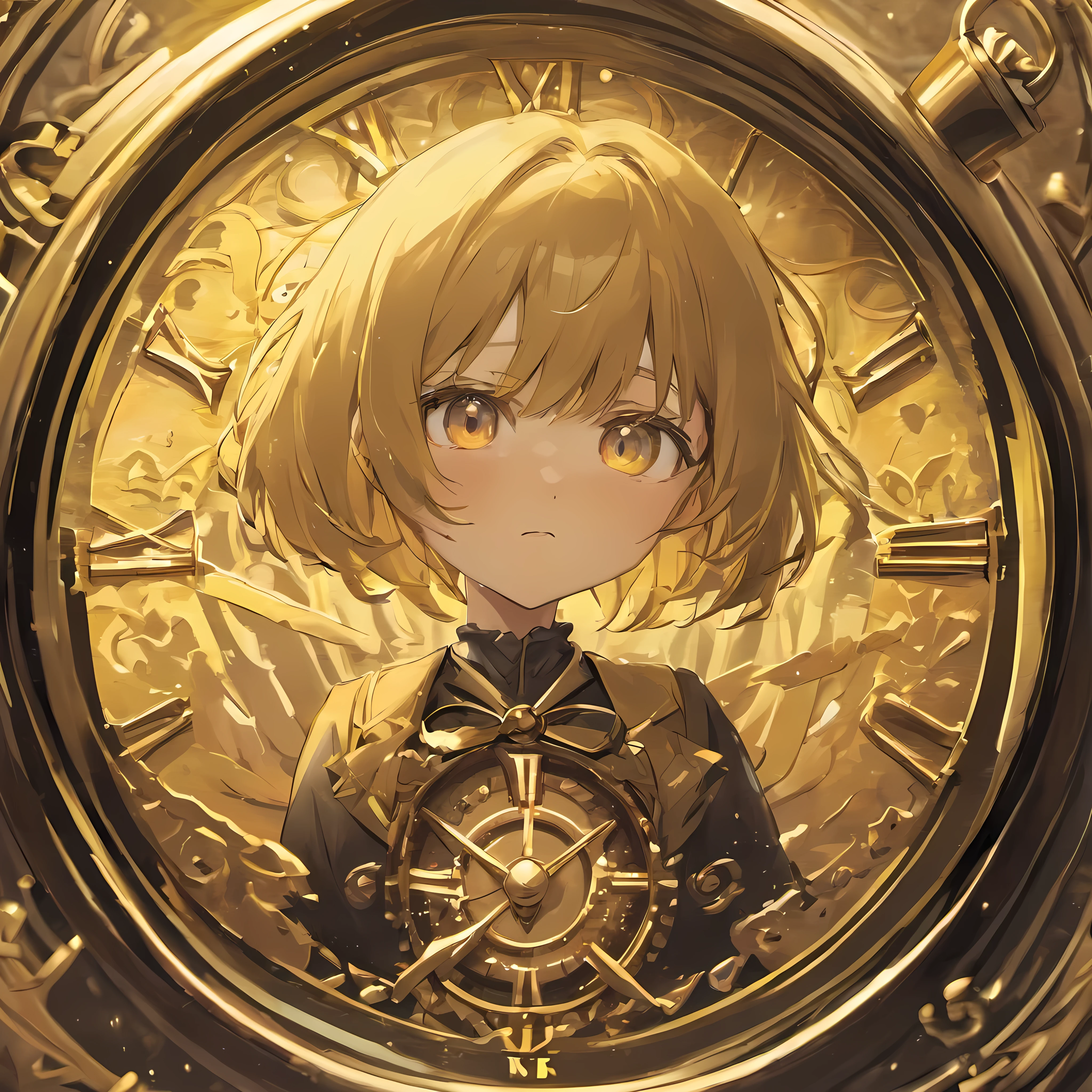 Antique Pocket Watch: Close-up of the mysterious gold pocket watch containing Gabriel's photo (5 years, Black hair and dark eyes) Found on the street at night,it's raining, With antique symbols and engraved details.