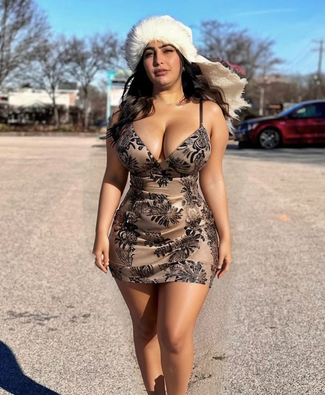 Very Low cut short dress, curvy, medium size breasts, curvy body, revealing cleavage, side breasts, revealing thighs, legs, Arab skin color, low cut shape dress, tight dress, short dress, low cut, wide waist, short dress, very short dress, saggy breasts, black dress, short summer dress, short summer dress