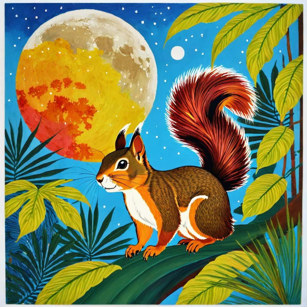 Naive art painting inspired by Halyna Kulaga and Laurel Burch of a beautiful squirrel girl in the jungle, tropical foliage, a colorful moon, bold strokes, textural.

