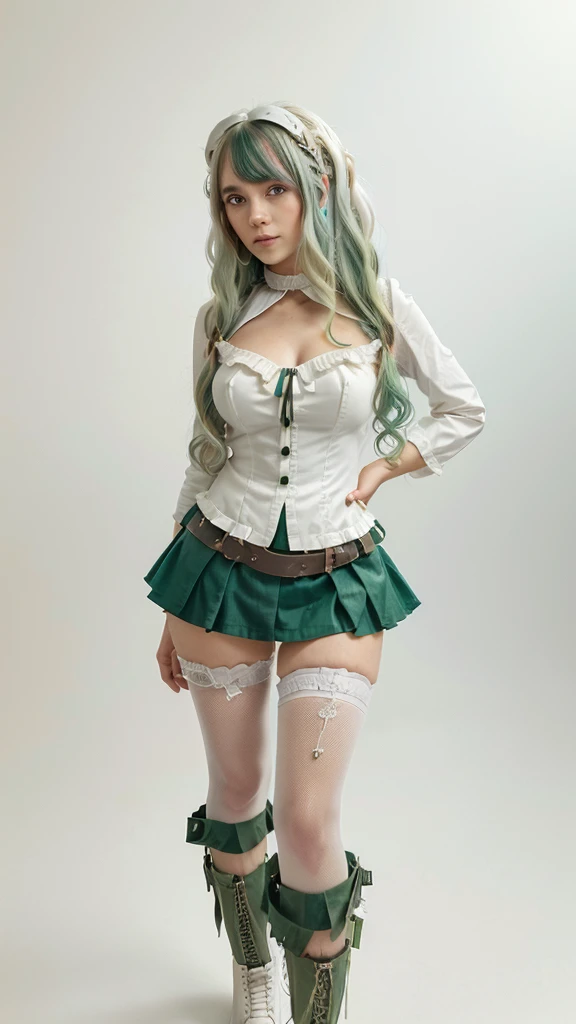 ((live 2D))  masterpiece, 1girl, full body, stands straight, steampunk clothes, military clothing, looking at viewer, detailed face, girl with green wavy hair, bangs, metal sheep horns, gradient hair, multicolored hair, light green hair, turquoise hair tips, wavy hair, gradient eyes, orange eyes, (simple background, white background: 1.3)