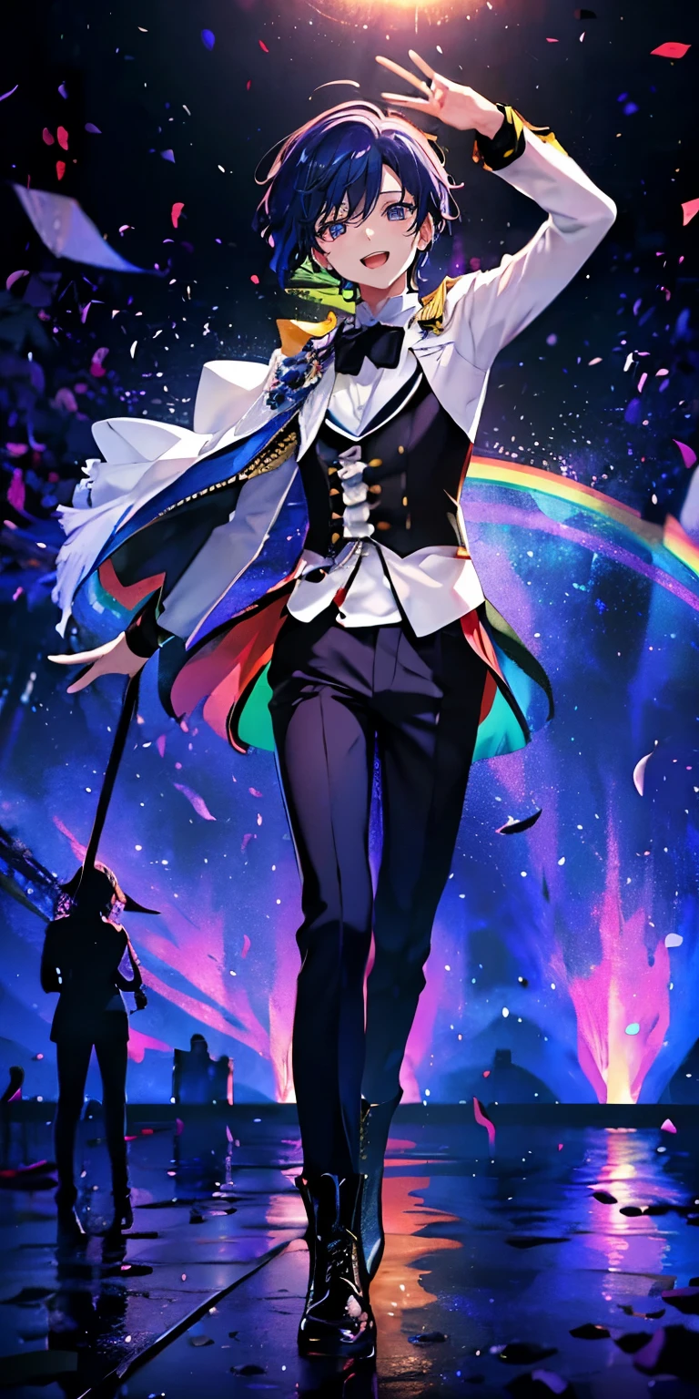 (Mastepiece), (Best Quality), Very detailed, ((1 boy)), Perfect Face, Beautiful Face, Very detailedな顔,((Rainbow Hair_short hair_Rainbow Eyes:1.3)),Male solo idol、Gorgeous idol costumes、Cape、boots、(pants:1.2)、(Hold the microphone)、stage、Concert Dome、Lots of confetti、(smile:1.4)、(Open your mouth wide)、sing、dance、Wink、Laser light、Spotlight