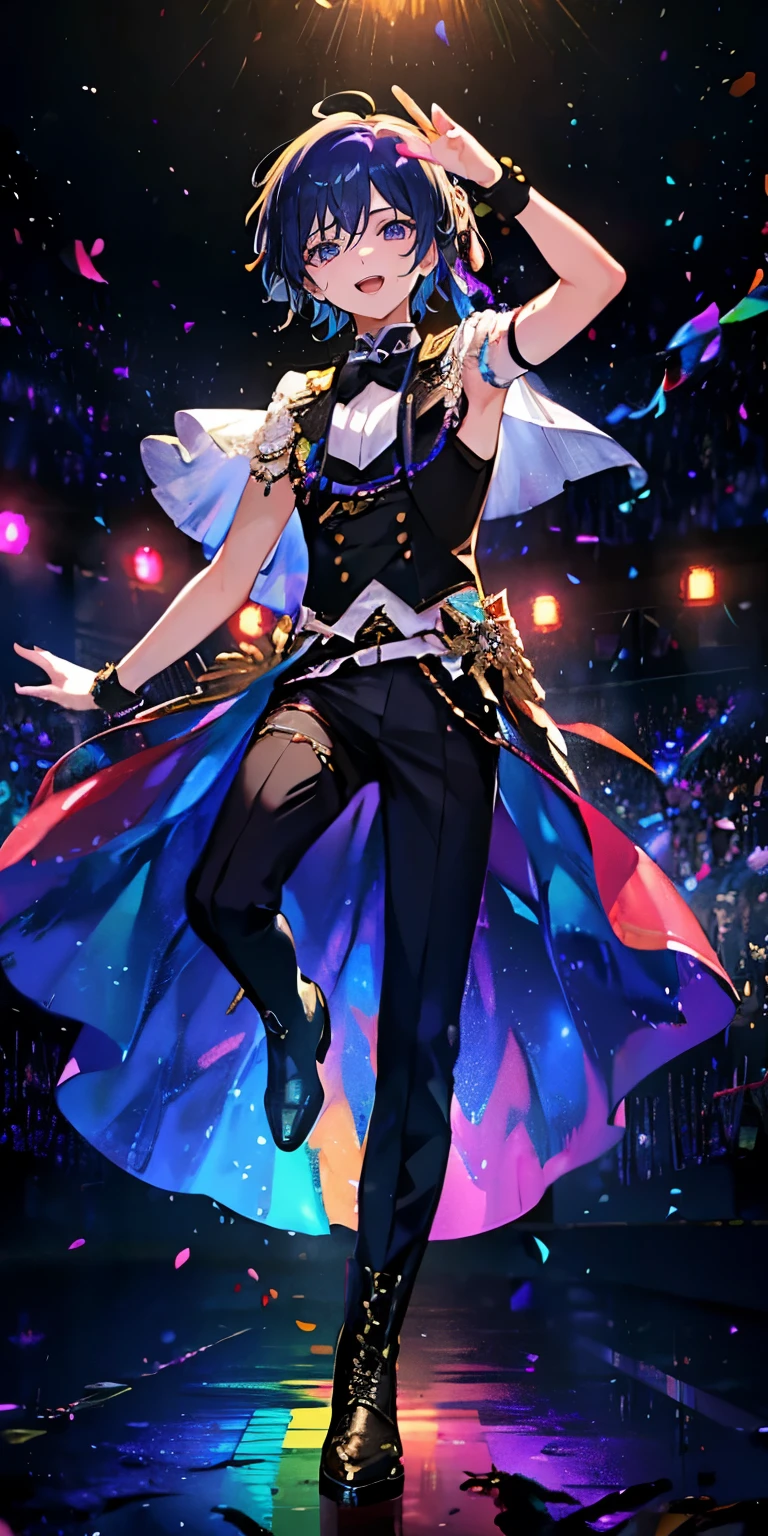 (Mastepiece), (Best Quality), Very detailed, ((1 boy)), Perfect Face, Beautiful Face, Very detailedな顔，((Rainbow Hair_short hair_Rainbow Eyes:1.3))，Male solo idol、Gorgeous idol costumes、Cape、boots、(pants:1.2)、(Hold the microphone)、stage、Concert Dome、Lots of confetti、(smile:1.4)、(Open your mouth wide)、sing、dance、Wink、Laser light、Spotlight