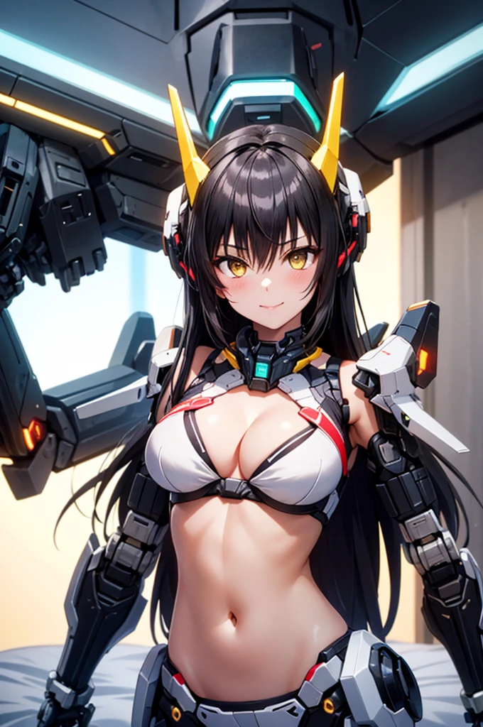top-quality,Top image quality,masterpiece,neon light,cyber punk:1.2,science fiction,super fin concept art,perfect body,beautiful face,detailed face,detiled texture,1 Mecha Girl, wearing bikini under armor:1.3),((18year old,white mech arms,mech shoulder,mech headgear,mech ears:1.2,mech accesary)),(black long hair,yellow eyes,large breasts,cleavage,bare navel),(futuristic room,on the bed),Dye cheeks,hiquality,depth of fields,upper body shot,erotic,sexy posing,seductive smile,dynamic angle