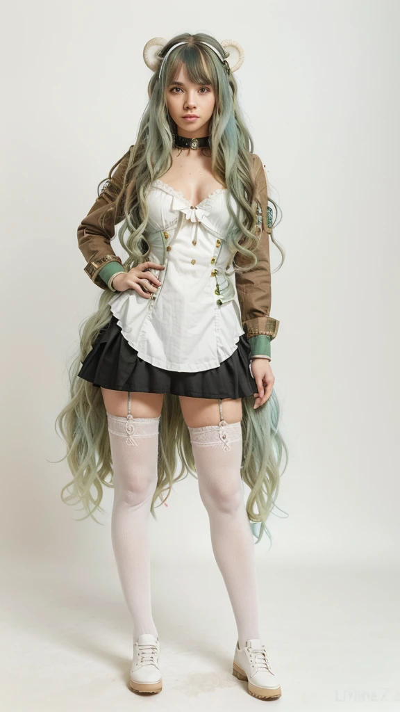 ((live 2D))  masterpiece, 1girl, full body, stands straight, steampunk clothes, military clothing, looking at viewer, detailed face, girl with green wavy hair, bangs, metal sheep horns, gradient hair, multicolored hair, light green hair, turquoise hair tips, wavy hair, gradient eyes, orange eyes, (simple background, white background: 1.3)