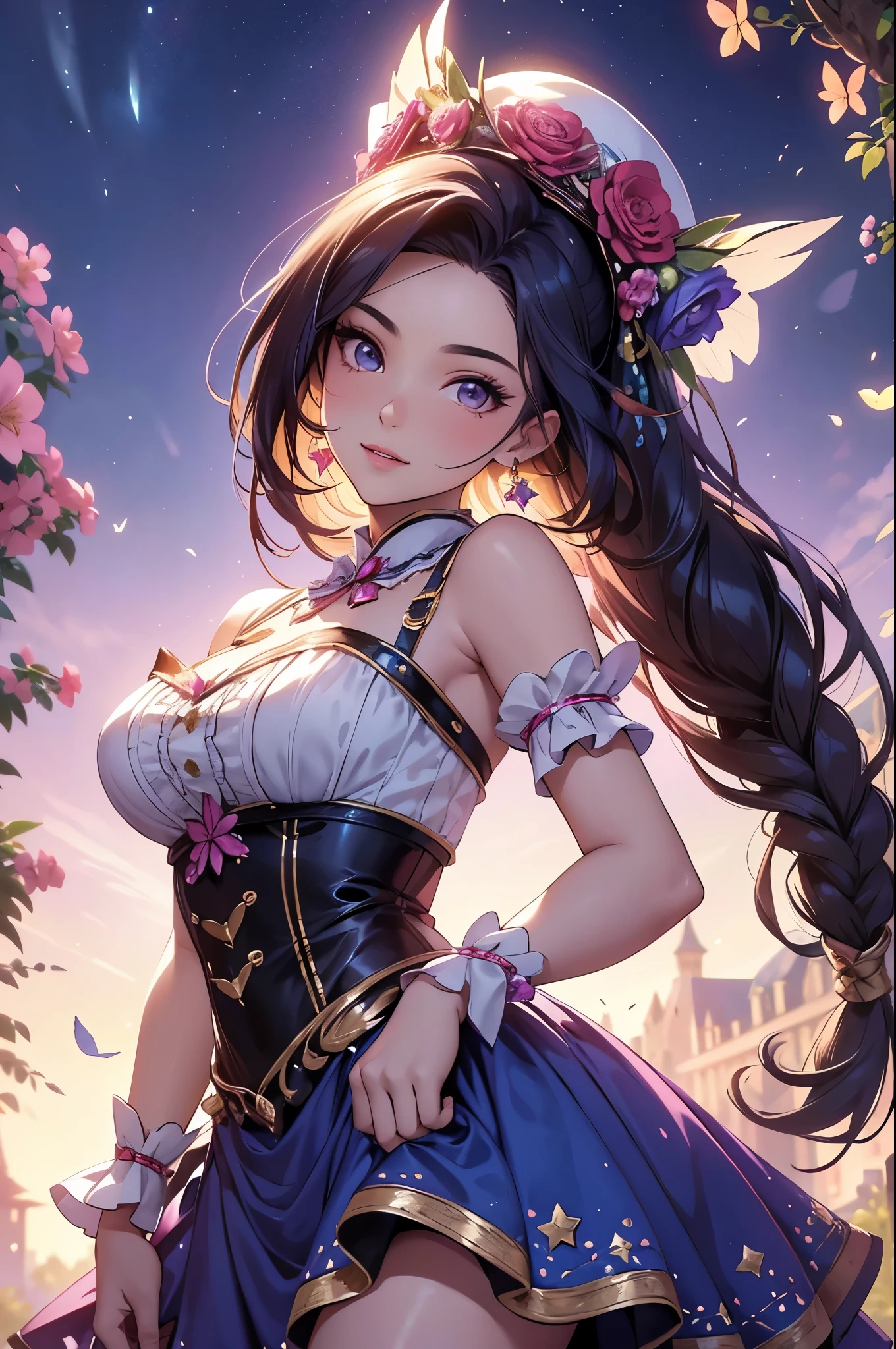 Beautiful beautiful girl, Androideighteen,  ((off the shoulders)) updo hair, clevage, full body, split up to pelvis, cerr blossoms, bright sunny day, ecchi anime, frills and ribbons, gold jewelry