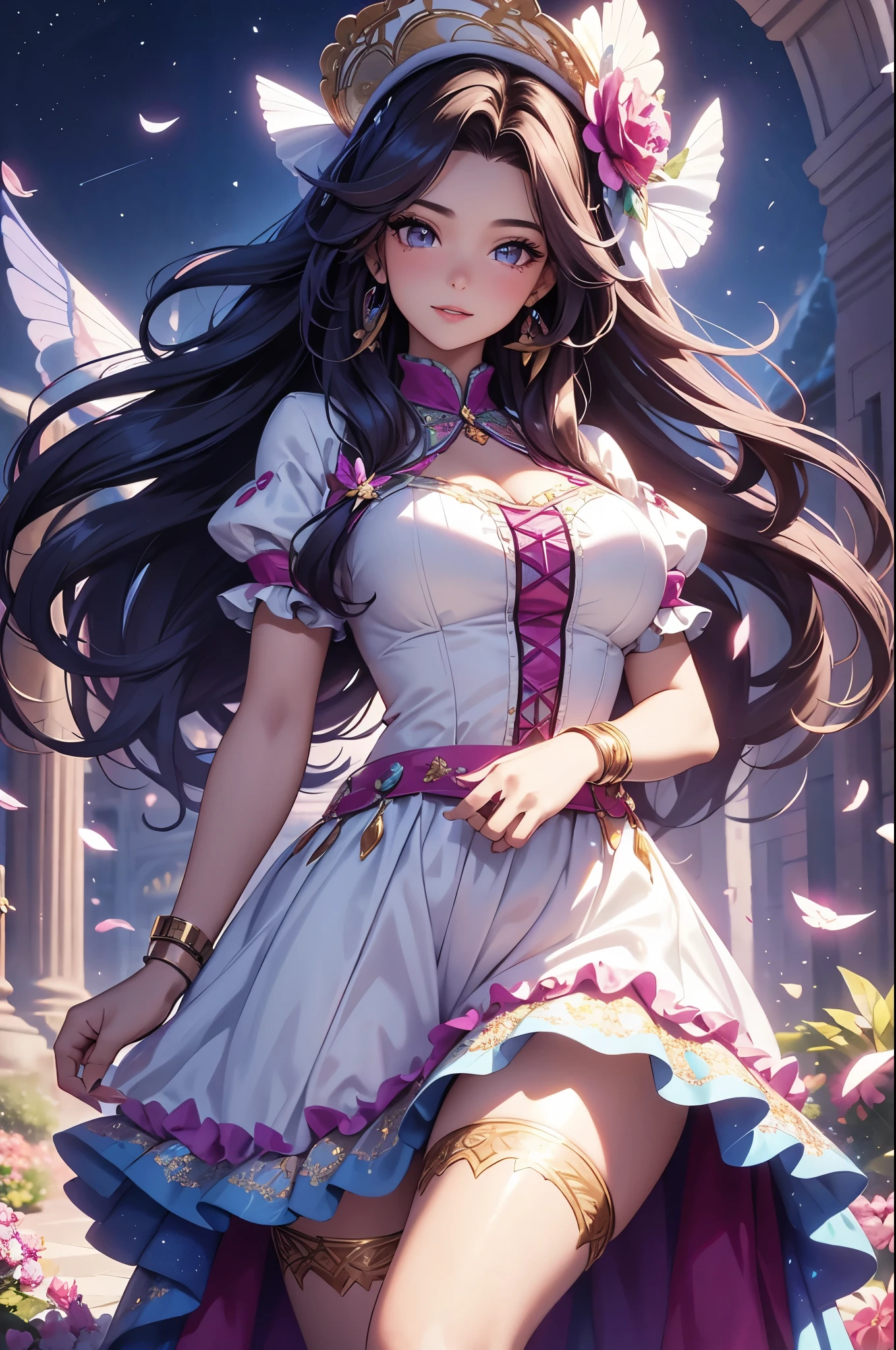 (best quality,4k,8k,highres,masterpiece:1.2),ultra-detailed,(realistic,photorealistic,photo-realistic:1.37),acrylic painting,beautiful Latina model in a Lolita dress with downy hair,beautiful Latina model with extremely colorful hair and detailed facial features,beautiful Latina model standing in a beautiful garden surrounded by a starry sky,beautiful Latina model wearing a vibrant Lolita dress,beautiful Latina model with intricate accessories and a matching hat,beautiful Latina model posing gracefully with her hands on her hips,beautiful Latina model with long flowing twintails,beautiful Latina model with bright blue eyes and rosy lips,beautiful Latina model with a joyful expression,beautiful Latina model in a dynamic pose with cherry blossoms falling around her,beautiful Latina model surrounded by colorful flowers and butterflies,beautiful Latina model's dress adorned with cute bows and lace details,beautiful Latina model with an enchanting smile,beautiful Latina model with soft, pastel-colored shading,beautiful Latina model with a magical glow illuminating her,beautiful Latina model in a picturesque setting with a winding path leading to a magnificent castle,beautiful Latina model holding a microphone and singing passionately,beautiful Latina model with a fairytale-like background,beautiful Latina model with a soft, dreamy atmosphere,beautiful Latina model with a subtle bokeh effect,beautiful Latina model standing under a moonlit sky,beautiful Latina model with a warm, golden sunset in the background,beautiful Latina model surrounded by twinkling stars and colorful nebulae,creating an ethereal and captivating artistic masterpiece. 