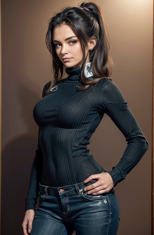 ((melhor qualidade)), ((obra de arte)), (detalhado), rosto perfeito mulher magra 17 anos com black jeans and a turtleneck sweater. The jacket was a thin black windbreaker