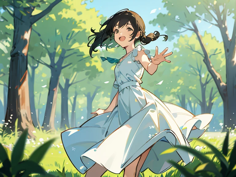 Beautiful and happy girl in 2D, listening to music in a grass and trees and the background that is blurred and that it is daytime with sun and relaxed atmosphere