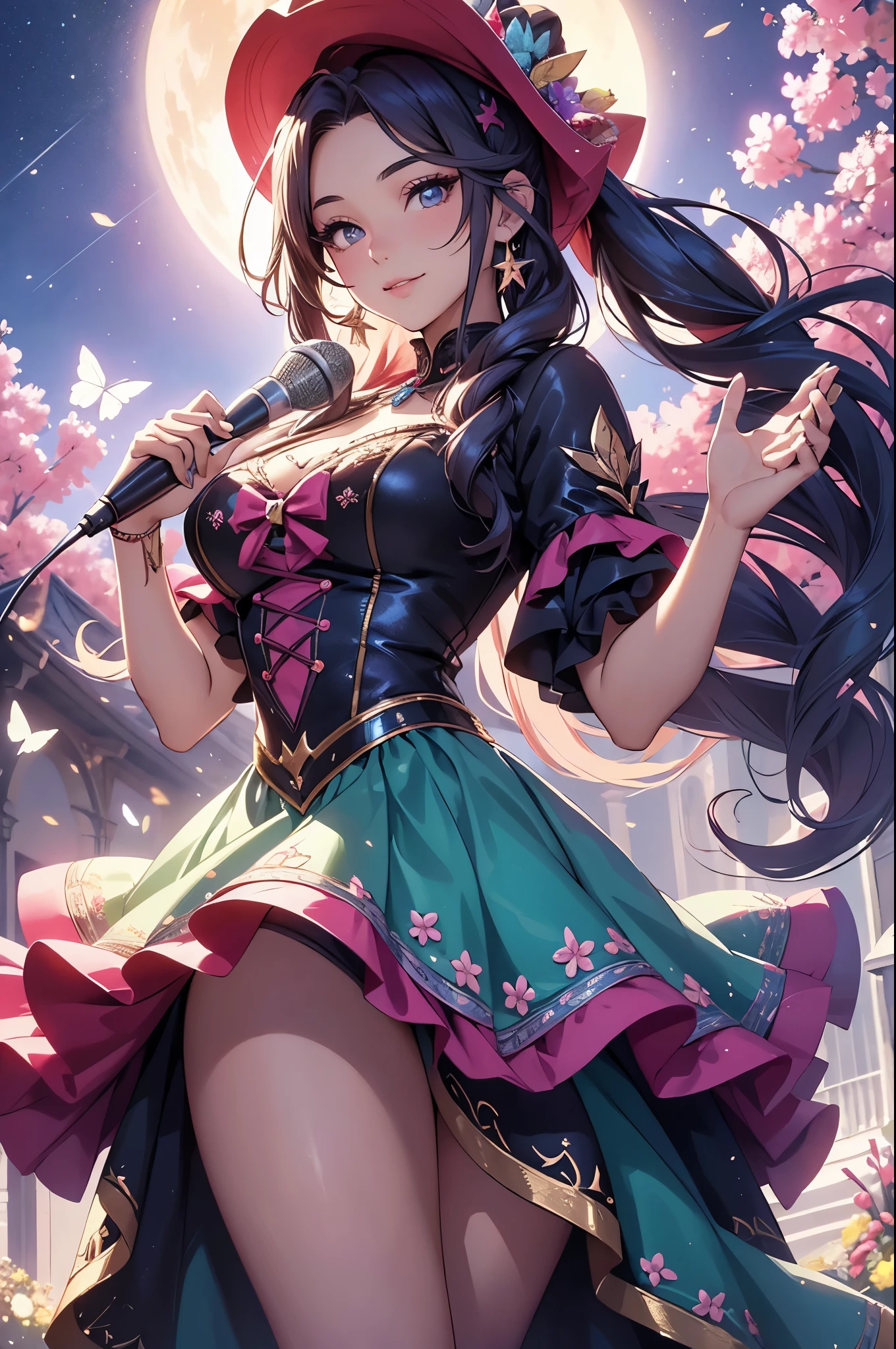 (best quality,4k,8k,highres,masterpiece:1.2),ultra-detailed,(realistic,photorealistic,photo-realistic:1.37),acrylic painting,beautiful Latina model in a Lolita dress with downy hair,beautiful Latina model with extremely colorful hair and detailed facial features,beautiful Latina model standing in a beautiful garden surrounded by a starry sky,beautiful Latina model wearing a vibrant Lolita dress,beautiful Latina model with intricate accessories and a matching hat,beautiful Latina model posing gracefully with her hands on her hips,beautiful Latina model with long flowing twintails,beautiful Latina model with bright blue eyes and rosy lips,beautiful Latina model with a joyful expression,beautiful Latina model in a dynamic pose with cherry blossoms falling around her,beautiful Latina model surrounded by colorful flowers and butterflies,beautiful Latina model's dress adorned with cute bows and lace details,beautiful Latina model with an enchanting smile,beautiful Latina model with soft, pastel-colored shading,beautiful Latina model with a magical glow illuminating her,beautiful Latina model in a picturesque setting with a winding path leading to a magnificent castle,beautiful Latina model holding a microphone and singing passionately,beautiful Latina model with a fairytale-like background,beautiful Latina model with a soft, dreamy atmosphere,beautiful Latina model with a subtle bokeh effect,beautiful Latina model standing under a moonlit sky,beautiful Latina model with a warm, golden sunset in the background,beautiful Latina model surrounded by twinkling stars and colorful nebulae,creating an ethereal and captivating artistic masterpiece.