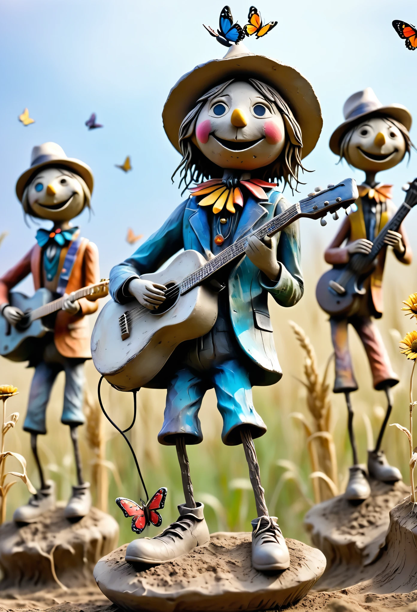 (best quality:1.2),ultra-light Clay, Clay, Pottery,  distressed, dirty, mineral pigments, 3D Clay sculpture art, Clay sculpture, Rough surface, (artwork，A band of scarecrows singing in the field。Holding the microphone，Guitar，saxophone，Long legs，Interesting concept art,)，Colorful butterflies in the air,Bokeh，Soft and beautiful picture