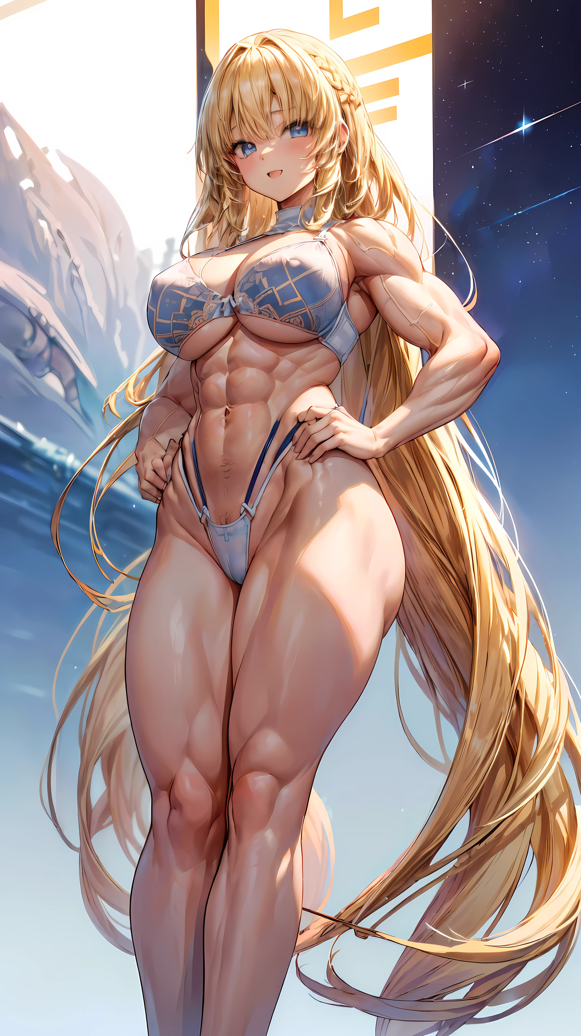 Very detailed、highest quality、Best image quality、masterpiece、8k、Anime Face、A kind smile、(Open your mouth:1.3)、Sparkling blue eyes、(Blonde semi-long hair:1.5)、(Muscles of the whole body:1.3)、(highleg:2.0)、Thigh belt、(Cowboy Shot:1.5)、(SFW Giant)、(Thick body:1.2)、(bra:1.5)、(sxspnts)、(Hands on hips:1.1)