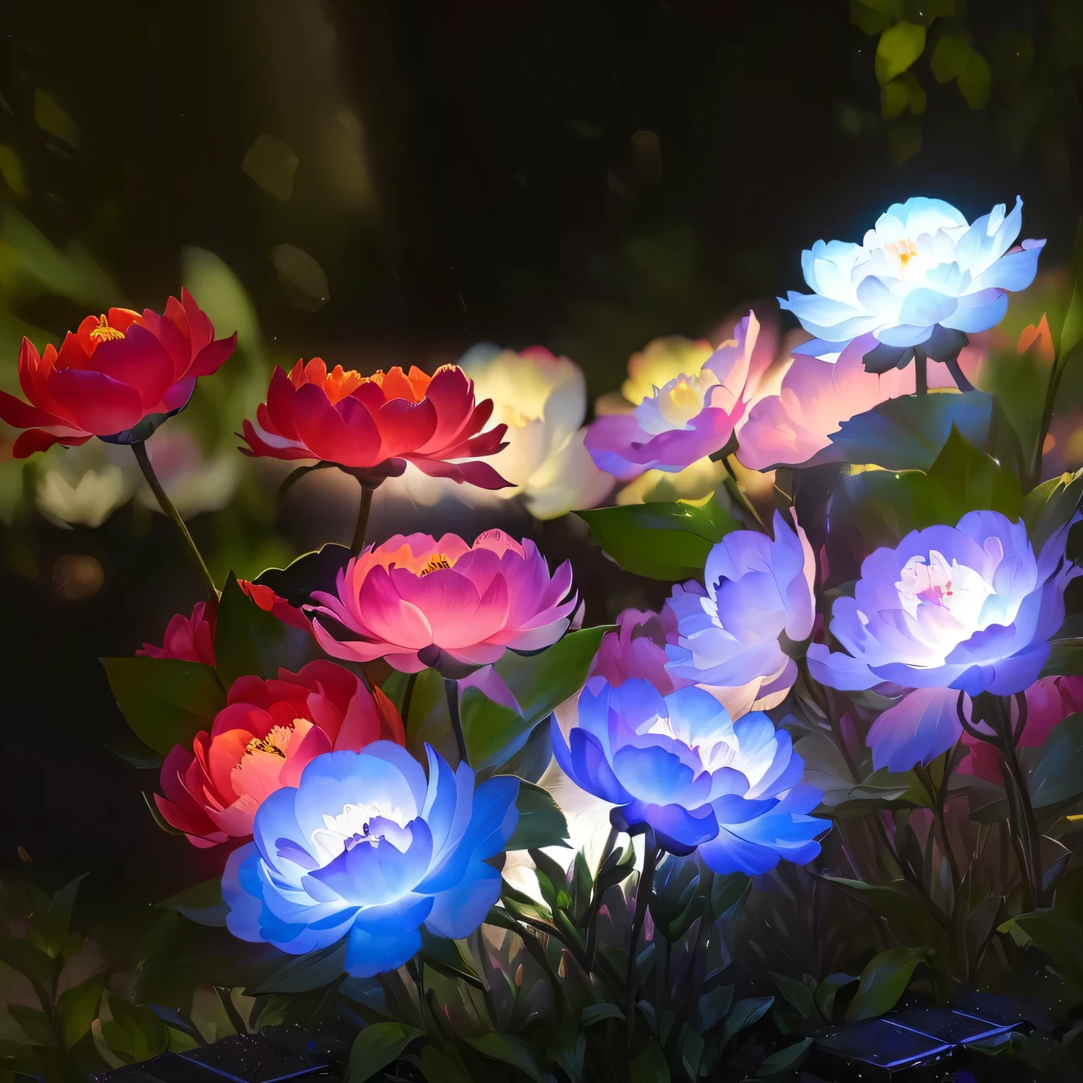  ((masterpiece, best quality))Glowing peony flowers，Light shines out through the petals，Transparent petals，Clear texture，Soft lighting，Colorful，Transparent leaves，Background greenery，The vista is blurred，8K，Photography，reality