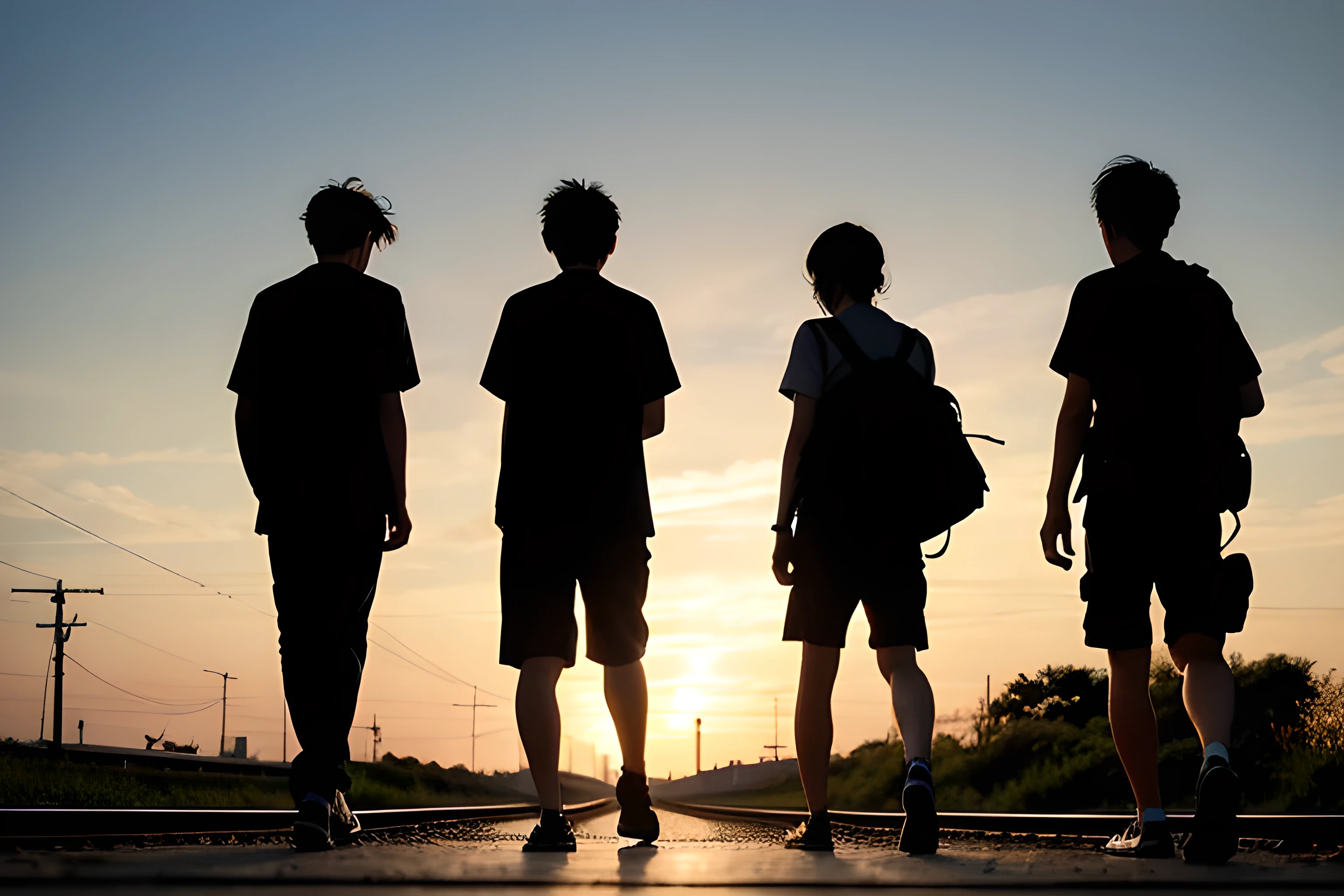 silhouette, 4 people boy, ((4 people)), Back view, Walking along the railroad tracks, Searching for a body, a memory from summer, 