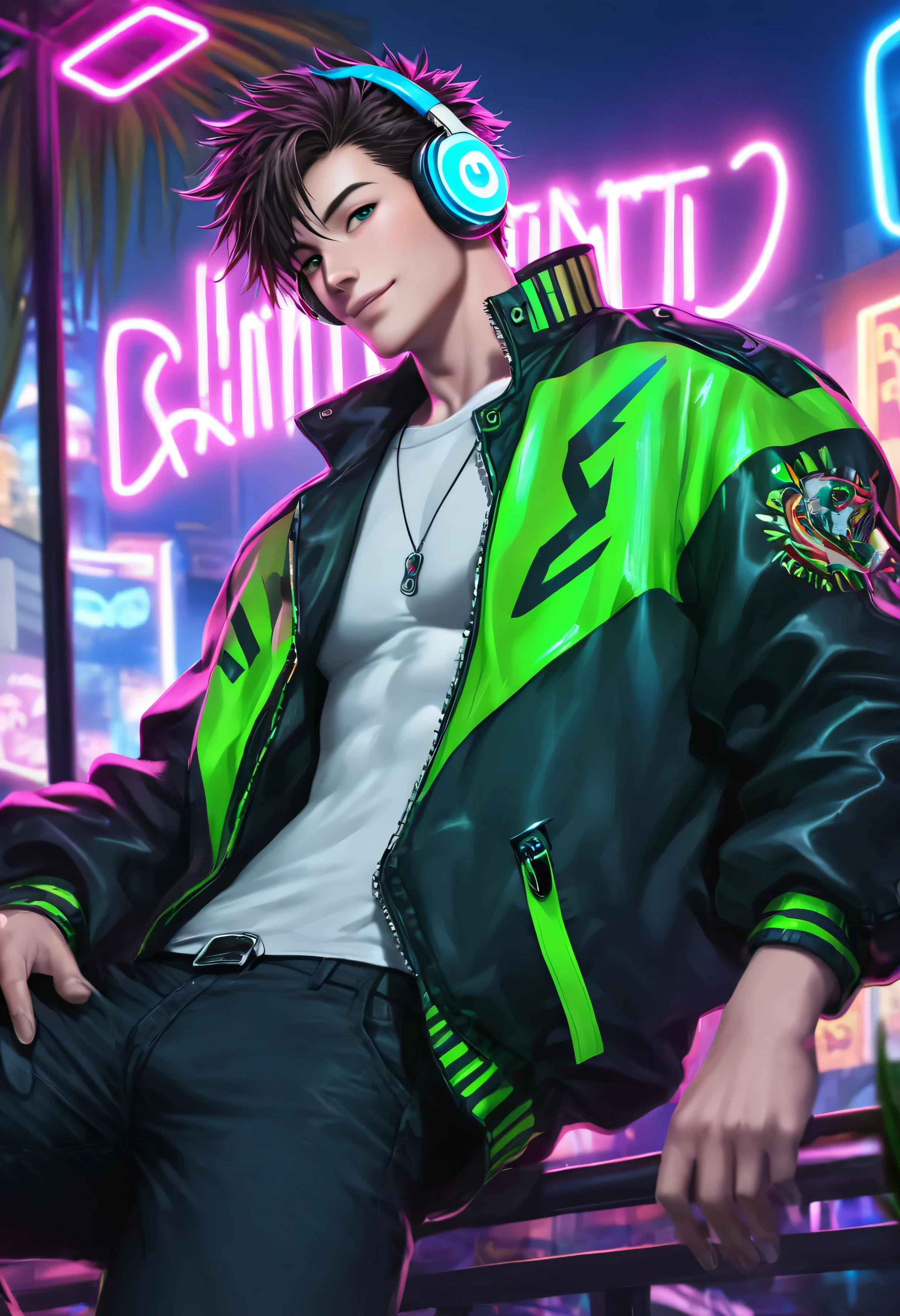 A man wearing headphones and a jacket with neon lights

