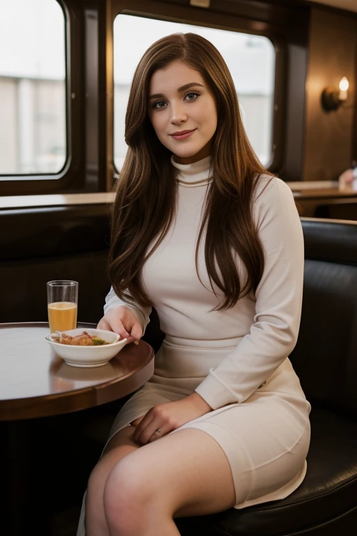 25 year old brunette Meghan Trainor, sitting in diner, lipstick, shy, smiling, long hair, pale skin, modest full length dress, fitted dress, turtleneck