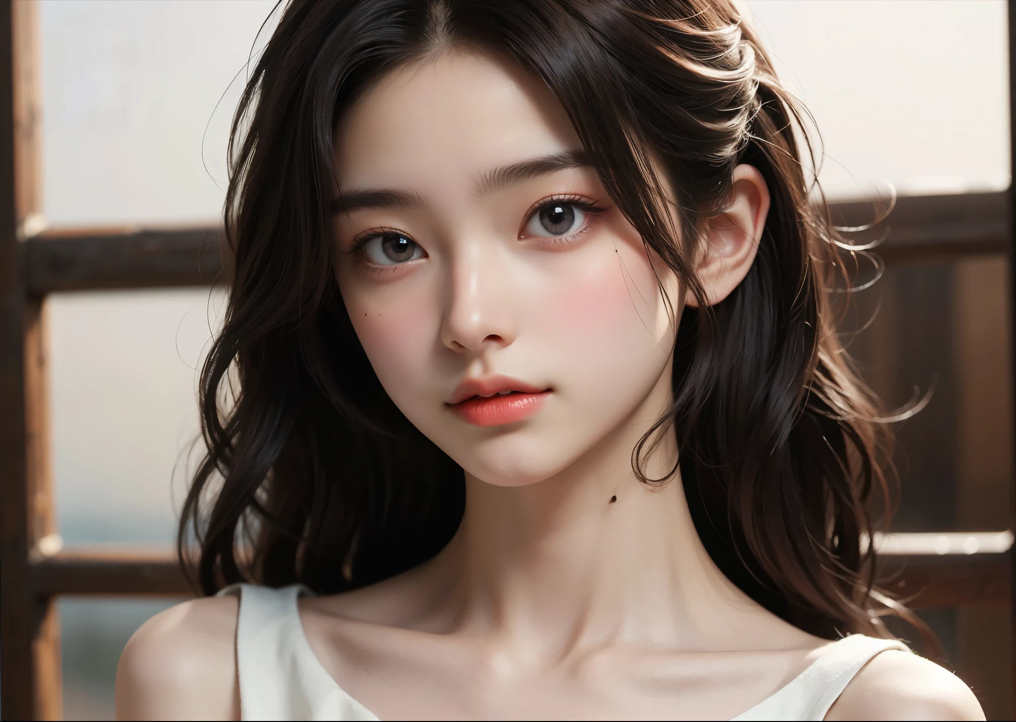 One adult woman、Light brown long hair、Big eyes、Smooth Skin、Light eye makeup、Shiny, Ultra-realisticな顔、Simple light background、Perfect lighting、Sharp focus、High resolution、High resolution、High color reproducibility、High resolution、Ultra-realistic、Photorealistic