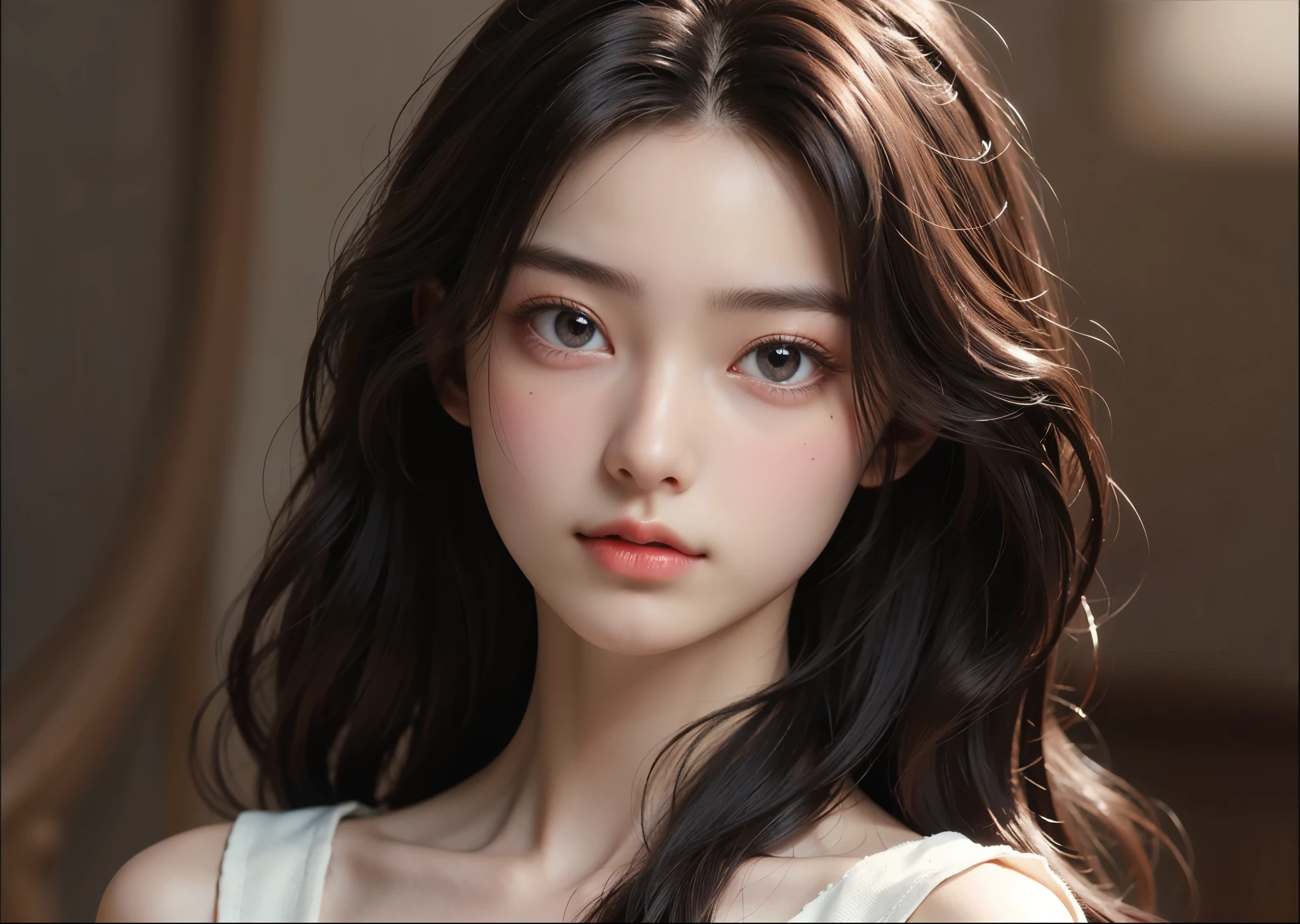 One adult woman、Light brown long hair、Big eyes、Smooth Skin、Light eye makeup、Shiny, Ultra-realisticな顔、Simple light background、Perfect lighting、Sharp focus、High resolution、High resolution、High color reproducibility、High resolution、Ultra-realistic、Photorealistic 